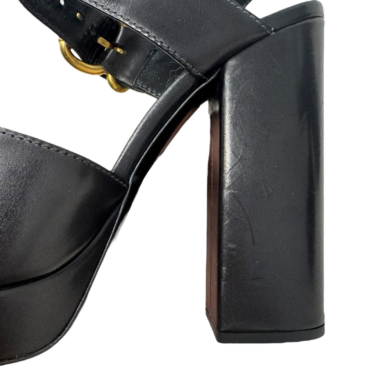 Platform Buckle Block Heels Shoes Luxury Designer By Prada In Black, Size: 11 (IT 41)