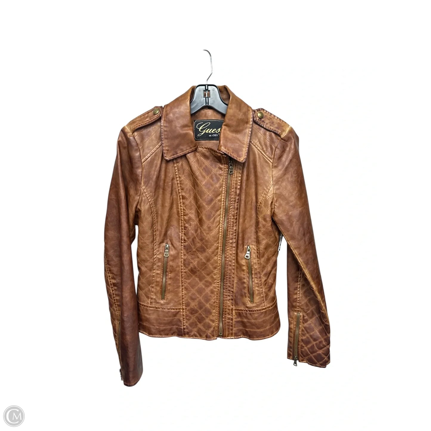 Jacket Moto Leather By Guess In Brown, Size: M