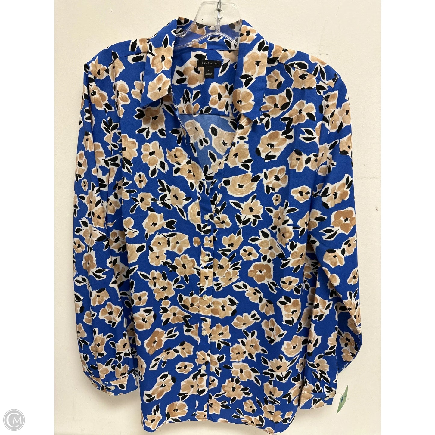 Blouse Long Sleeve By Ann Taylor In Blue & Cream, Size: L