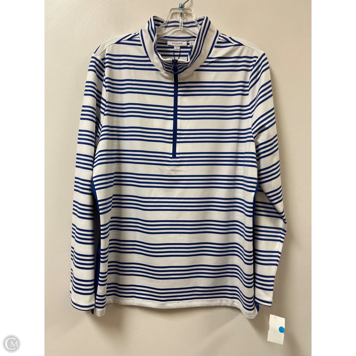 Athletic Top Long Sleeve Collar By Chicos In Blue & White, Size: Xl