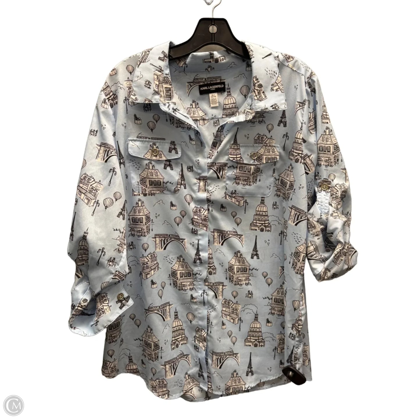 Top Long Sleeve Designer By Karl Lagerfeld In Black & Blue, Size: Xl