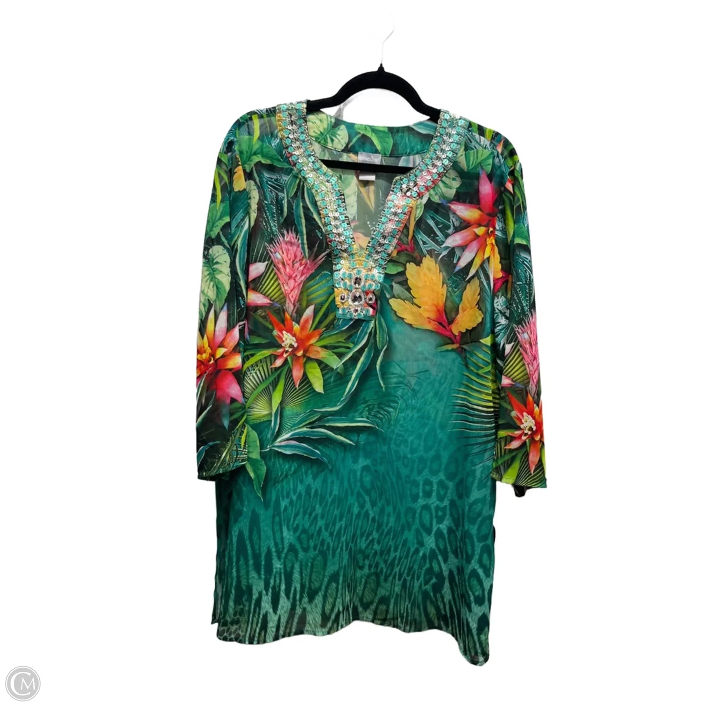 Blouse Long Sleeve By Chicos In Green & Pink, Size: Xl