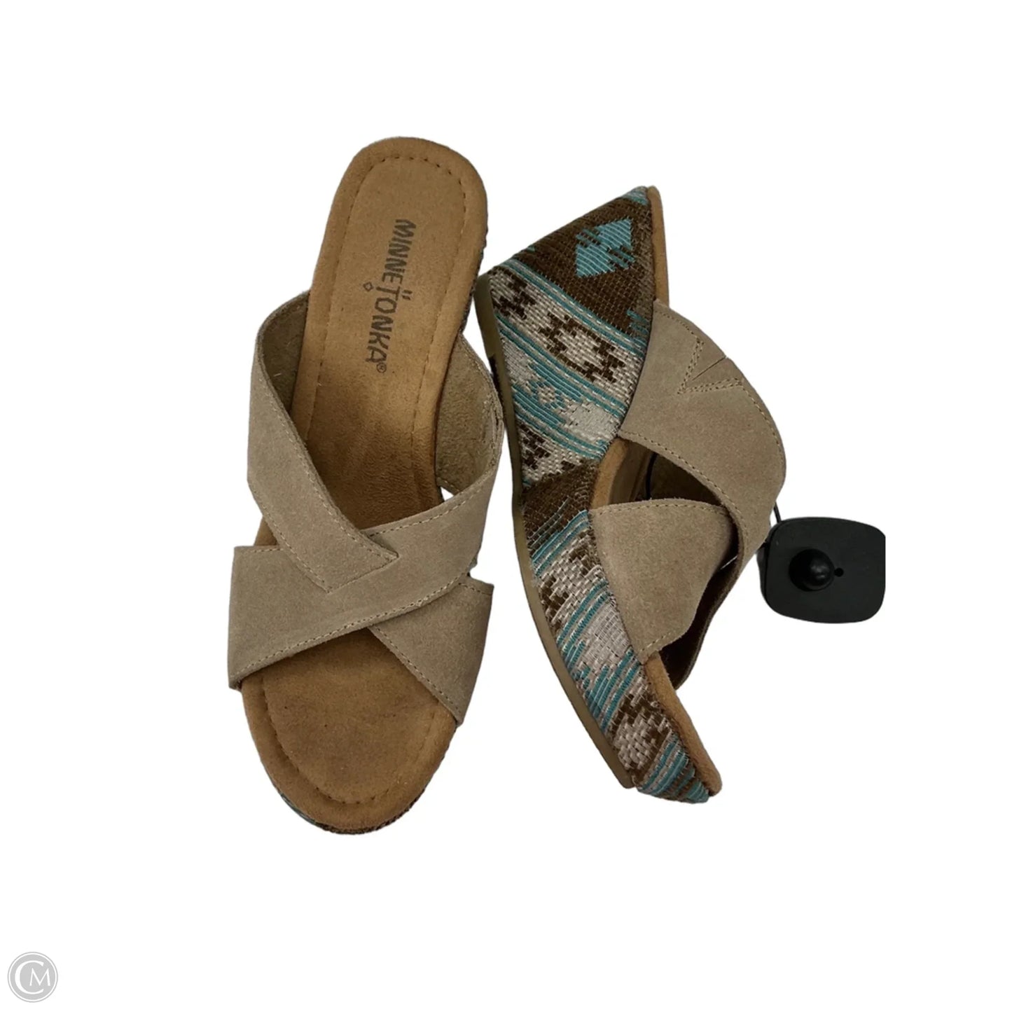 Sandals Heels Wedge By Minnetonka In Blue & Tan, Size: 7