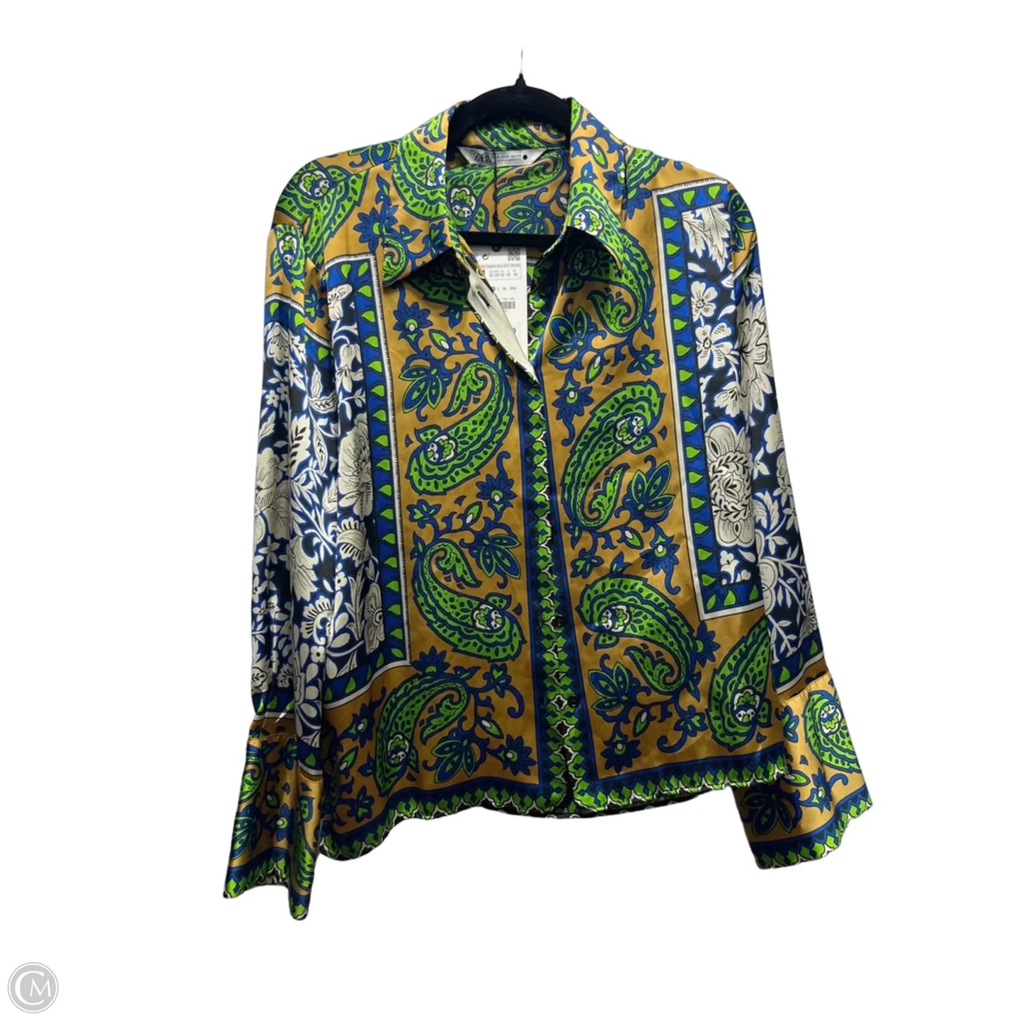 Blouse Long Sleeve By Zara In Blue & Tan, Size: M