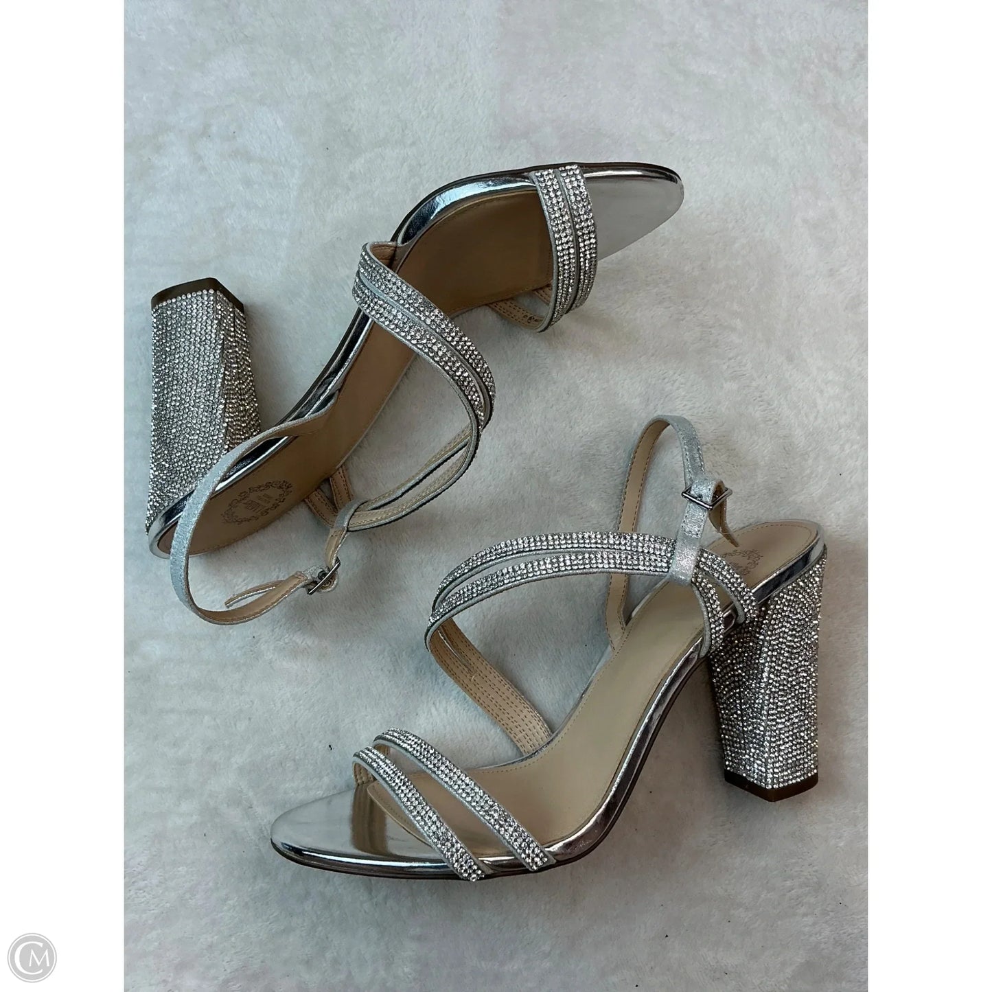 Sandals Heels Block By Clothes Mentor In Silver, Size: 9