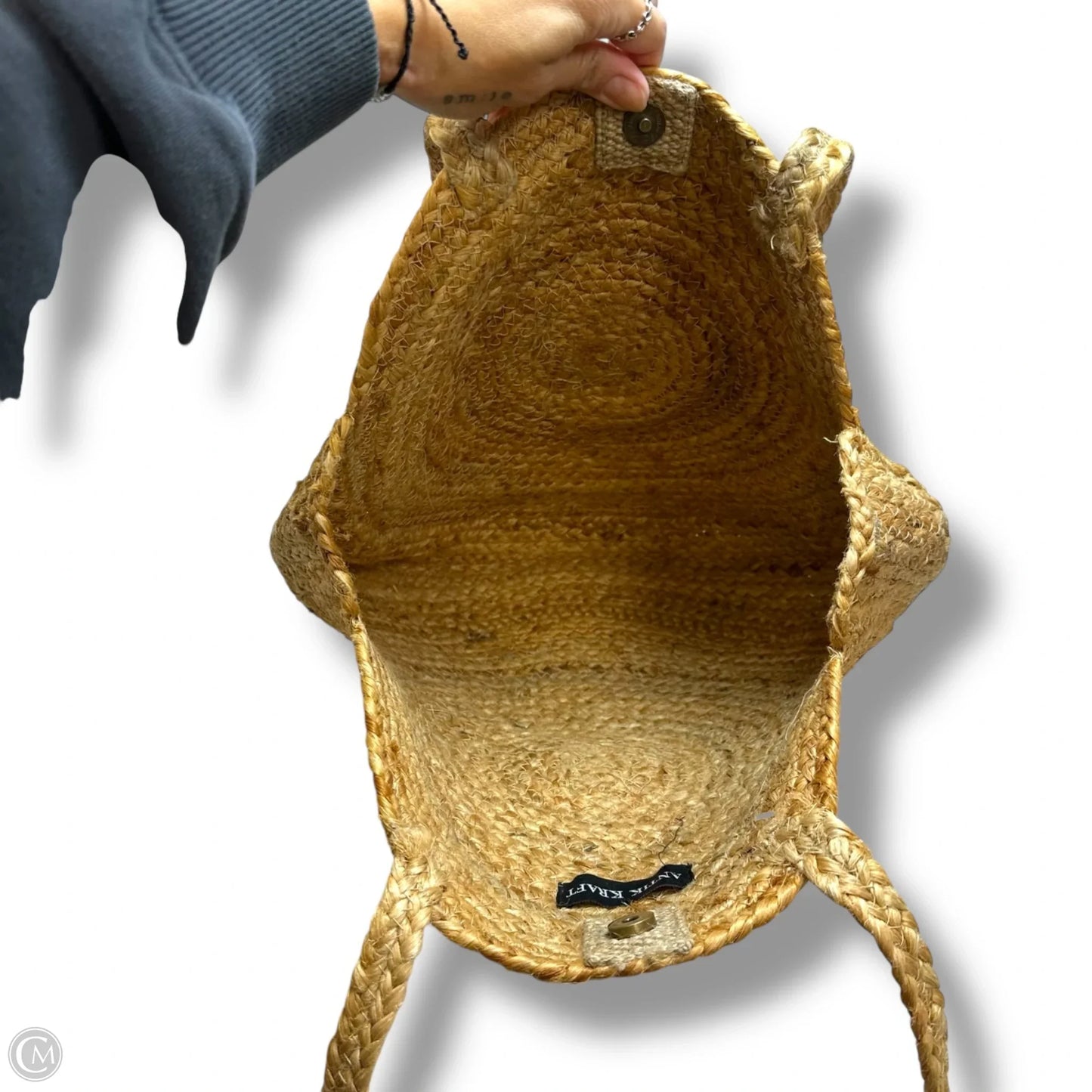 Jute Bohemian Woven Shell Beaded Round Straw Shoulder Bag By Antik Kraft, Size: Medium