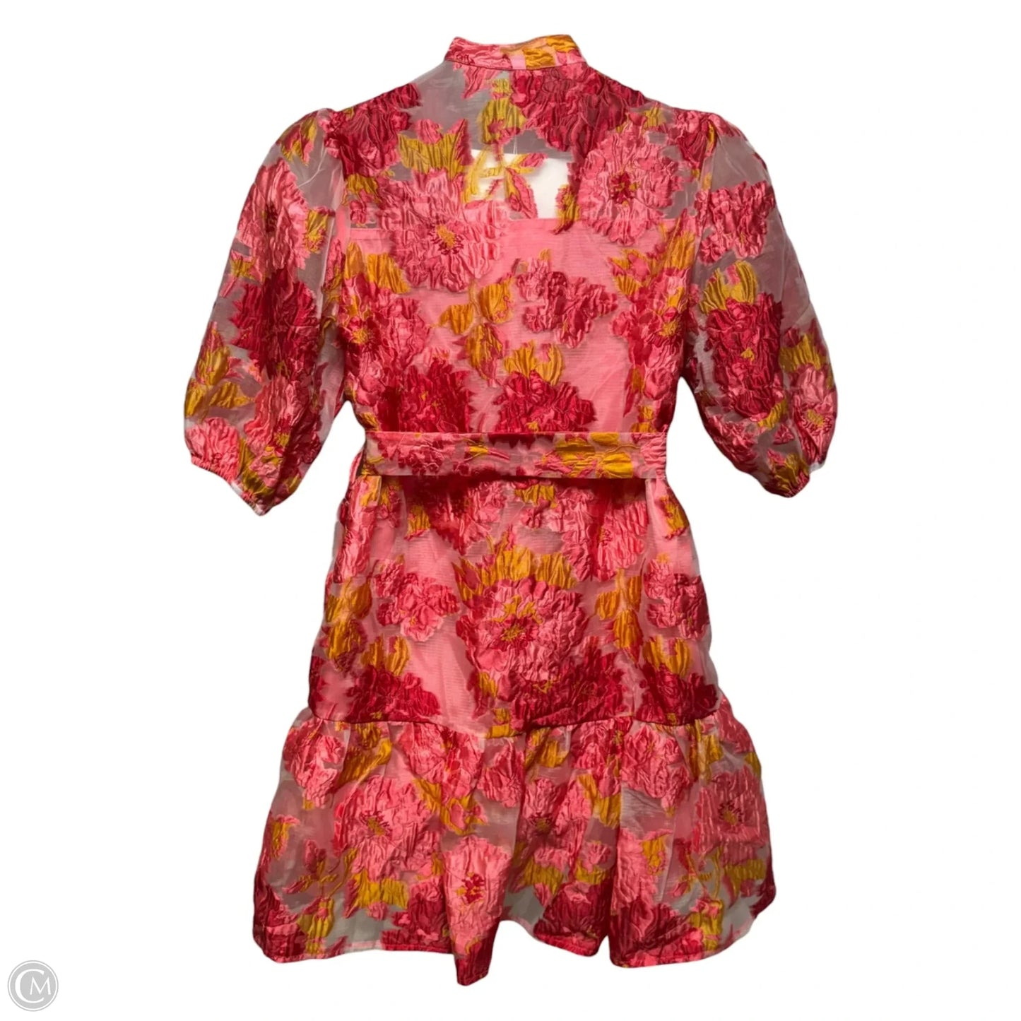 Floral Jacquard Puff Sleeve Organza Belted Dolly Dress By Chicwish In Pink, Size: S
