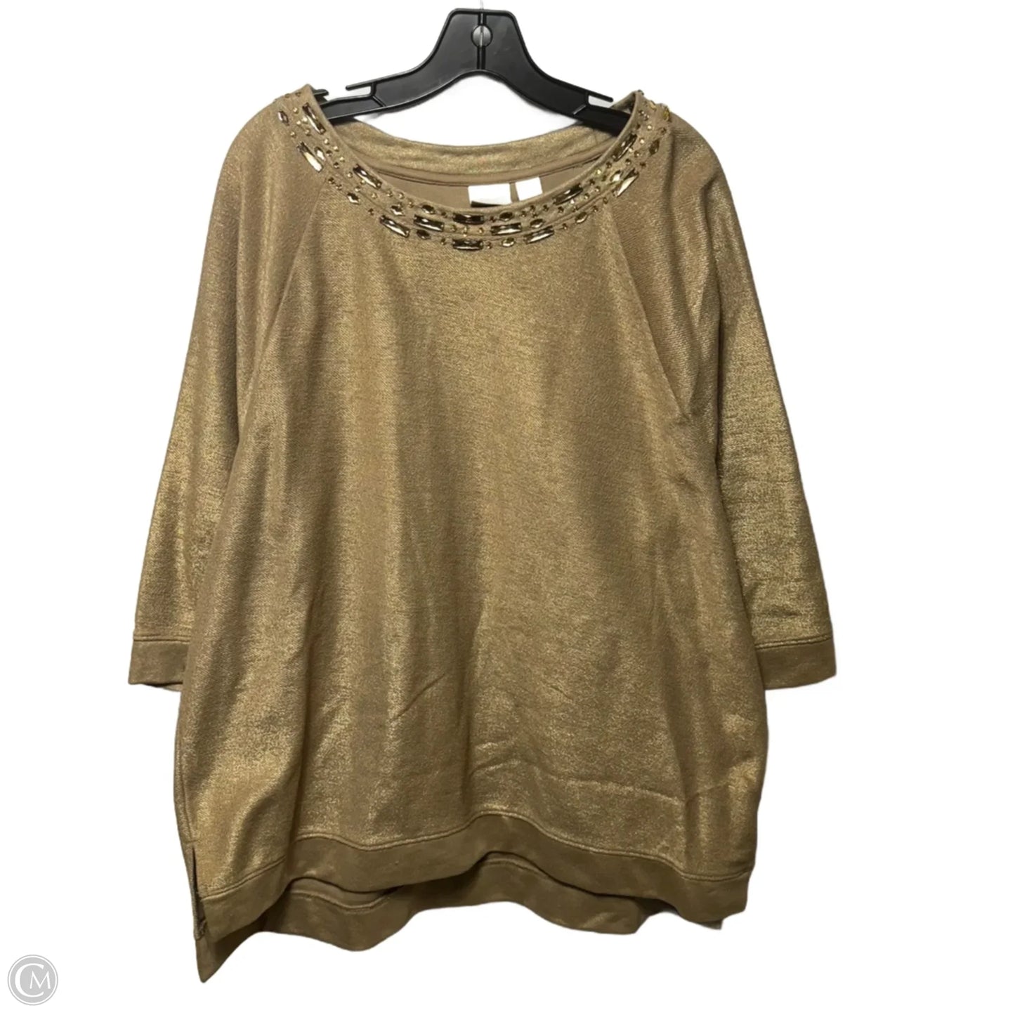 Metallic Embellished Top 3/4 Sleeve By Chicos In Gold, Size: 16