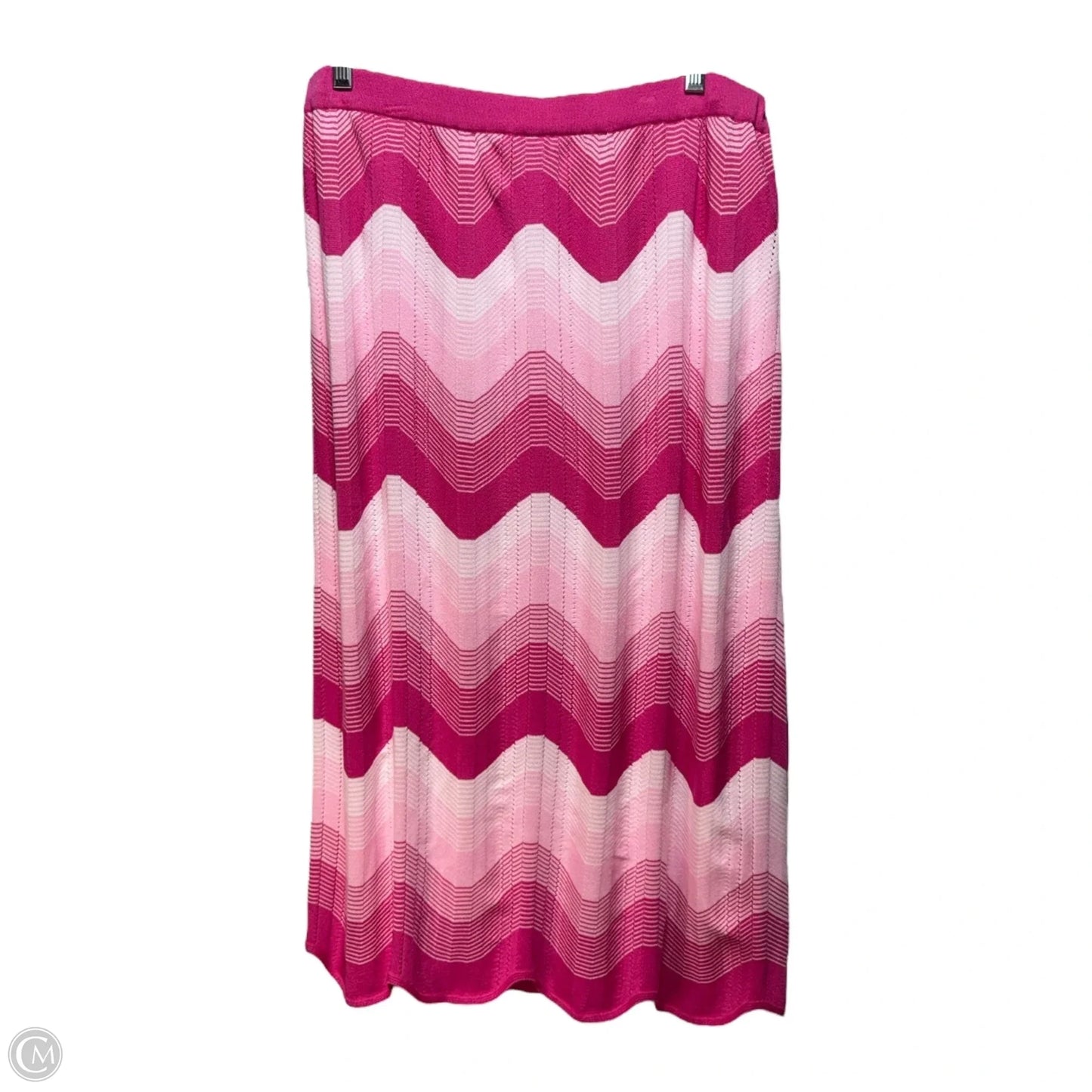 Ombre Chevron Jacquard Knit Scalloped Hem Coordinating A-Line Midi Skirt By Ming Wang In Pink, Size: L