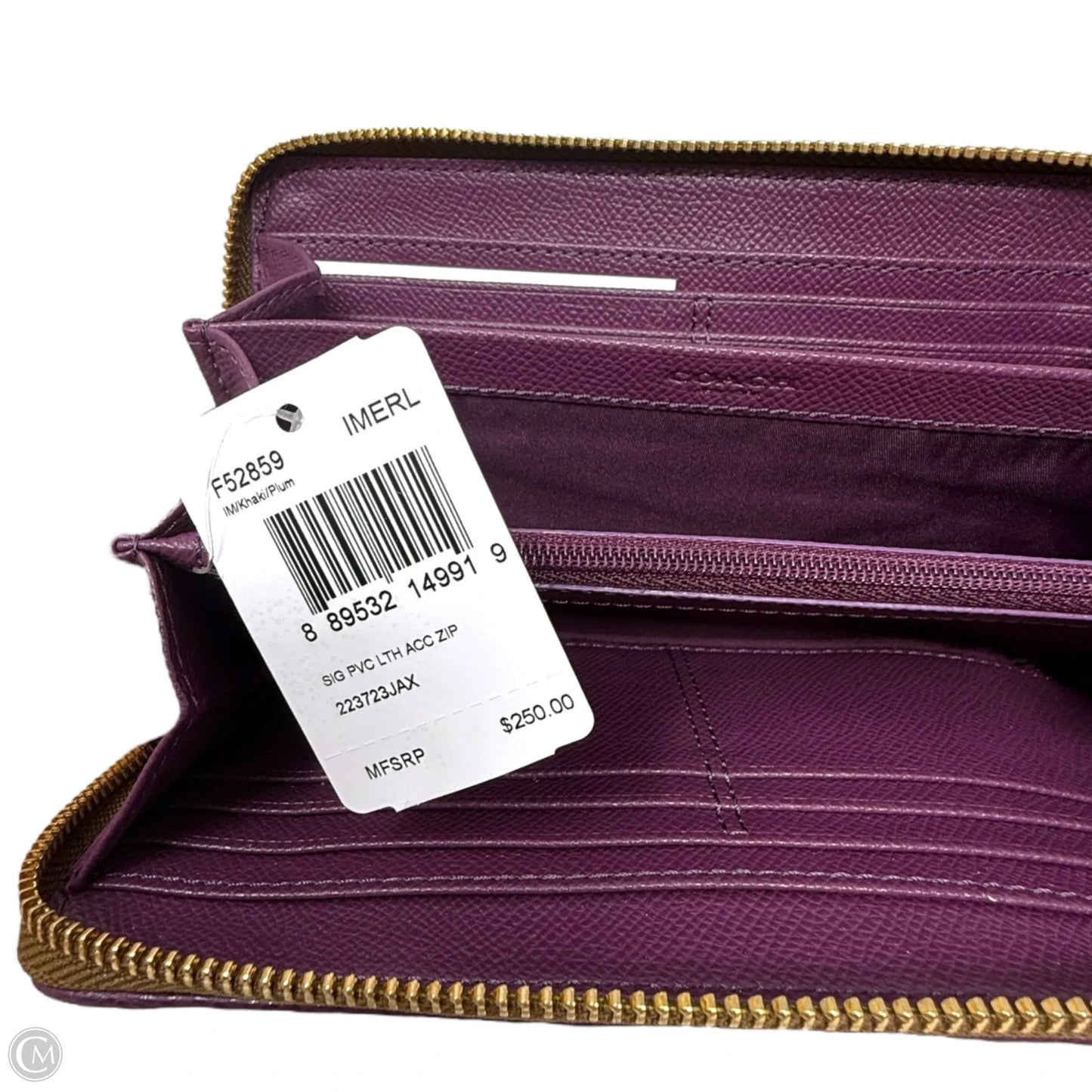 Signature PVC Leather Accordion Zip Wallet In Khaki/Plum Designer By Coach, Size: Medium
