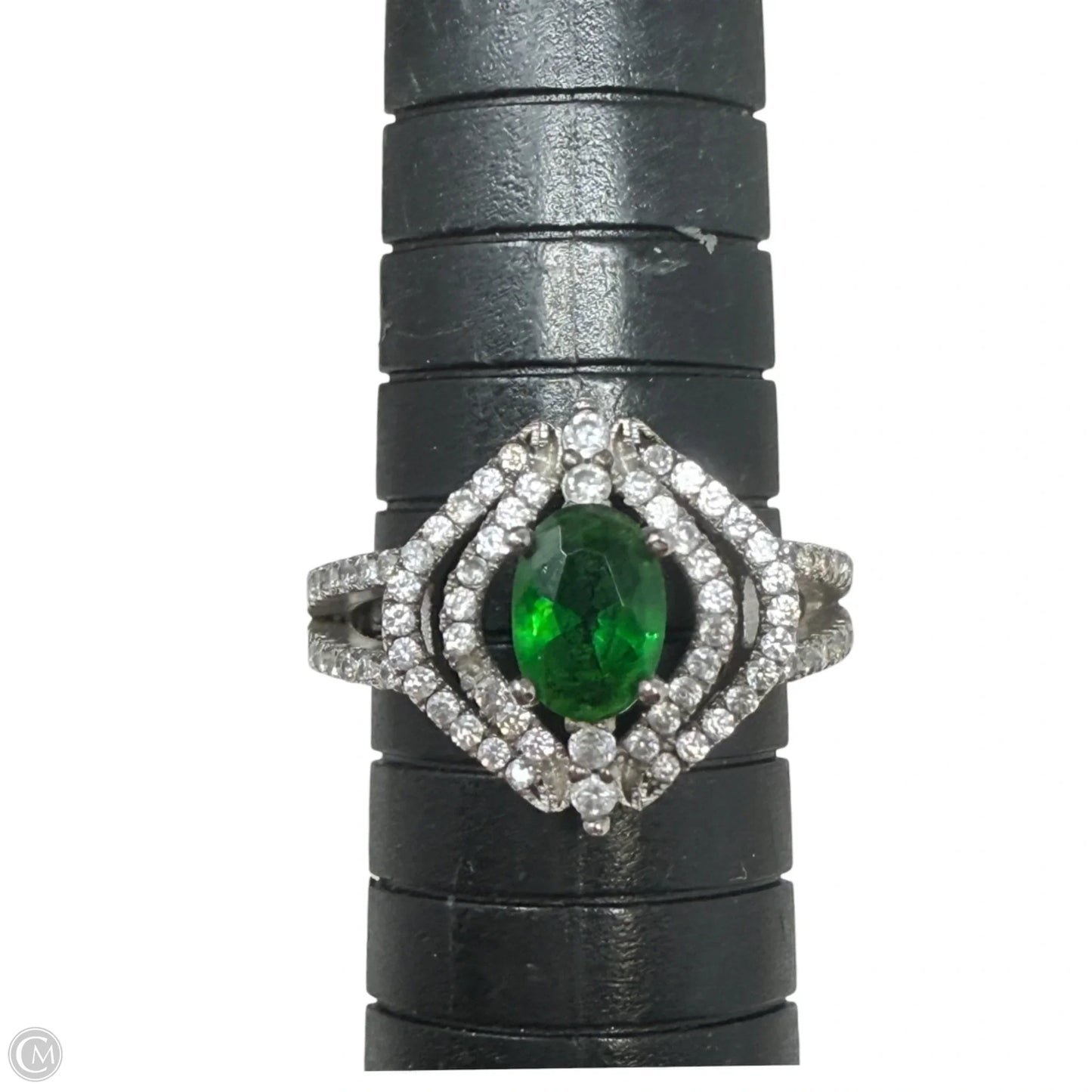 Art Deco Sterling Silver CZ & Oval Emerald Cocktail Ring, Size: 7