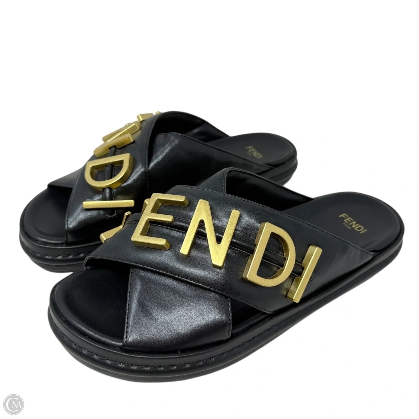 Vitello Fendigraphy Slide Sandals Luxury Designer By Fendi In Black & Gold, Size: US 7 (IT 37)