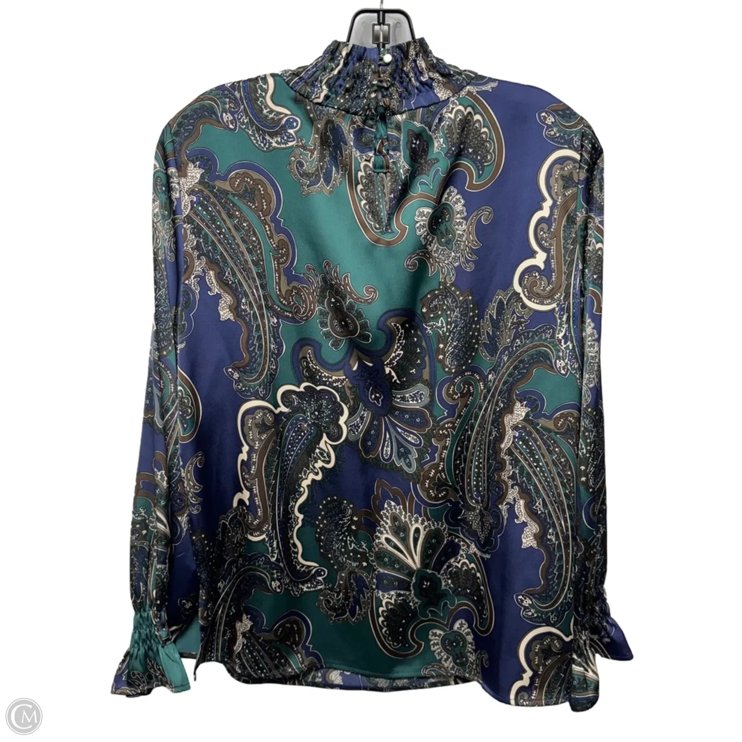 Smocked Trim Crêpe De Chine Charmeuse Blouse By Ming Wang In Forest Veridian/Regatta Paisley Print, Size: S