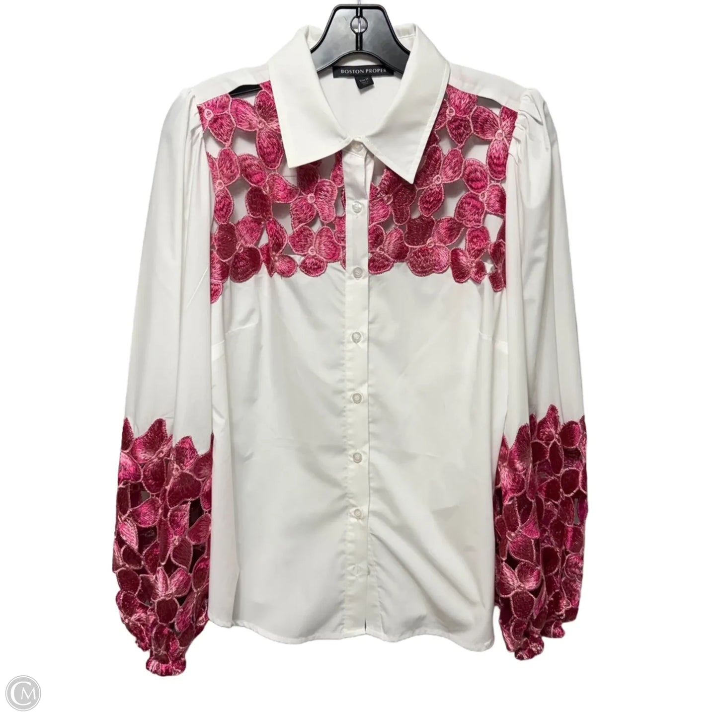 Embroidered Cutout Top Long Sleeve By Boston Proper In Pink & White, Size: M