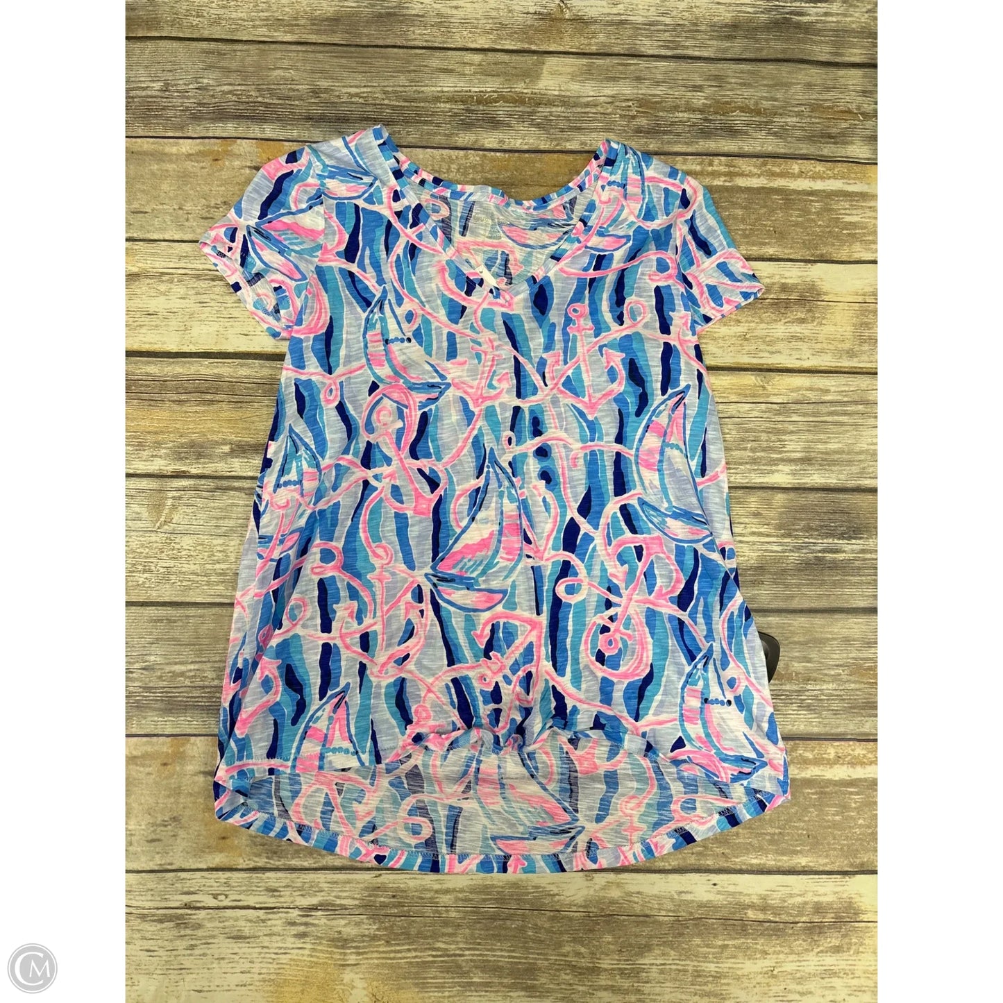 Top Short Sleeve Designer By Lilly Pulitzer In Blue & Pink, Size: Xs
