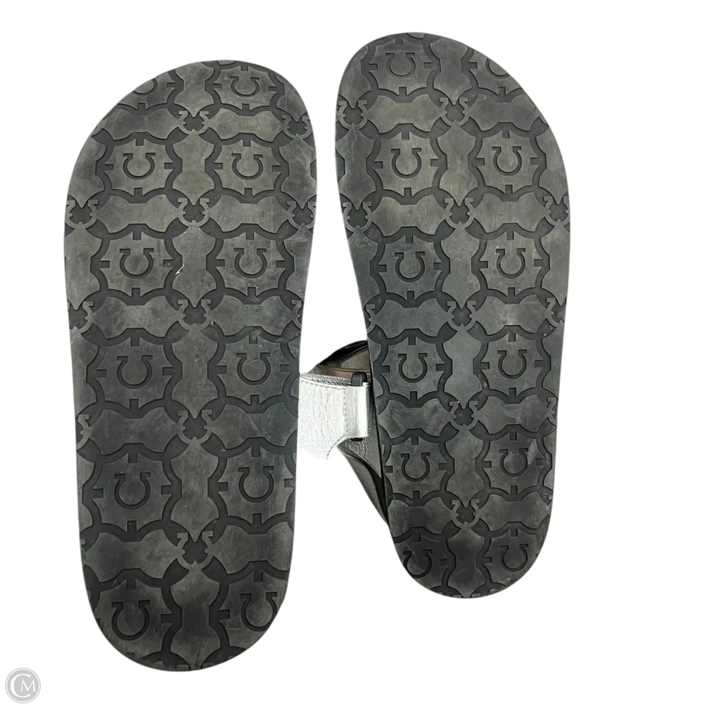 Sandals Luxury Designer By Ferragamo In Black & Silver, Size: 8