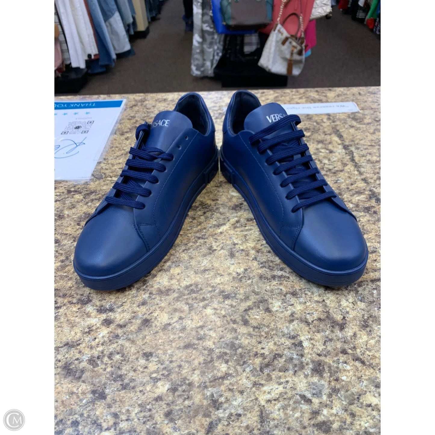 Shoes Luxury Designer By Versace In Blue, Size: 9