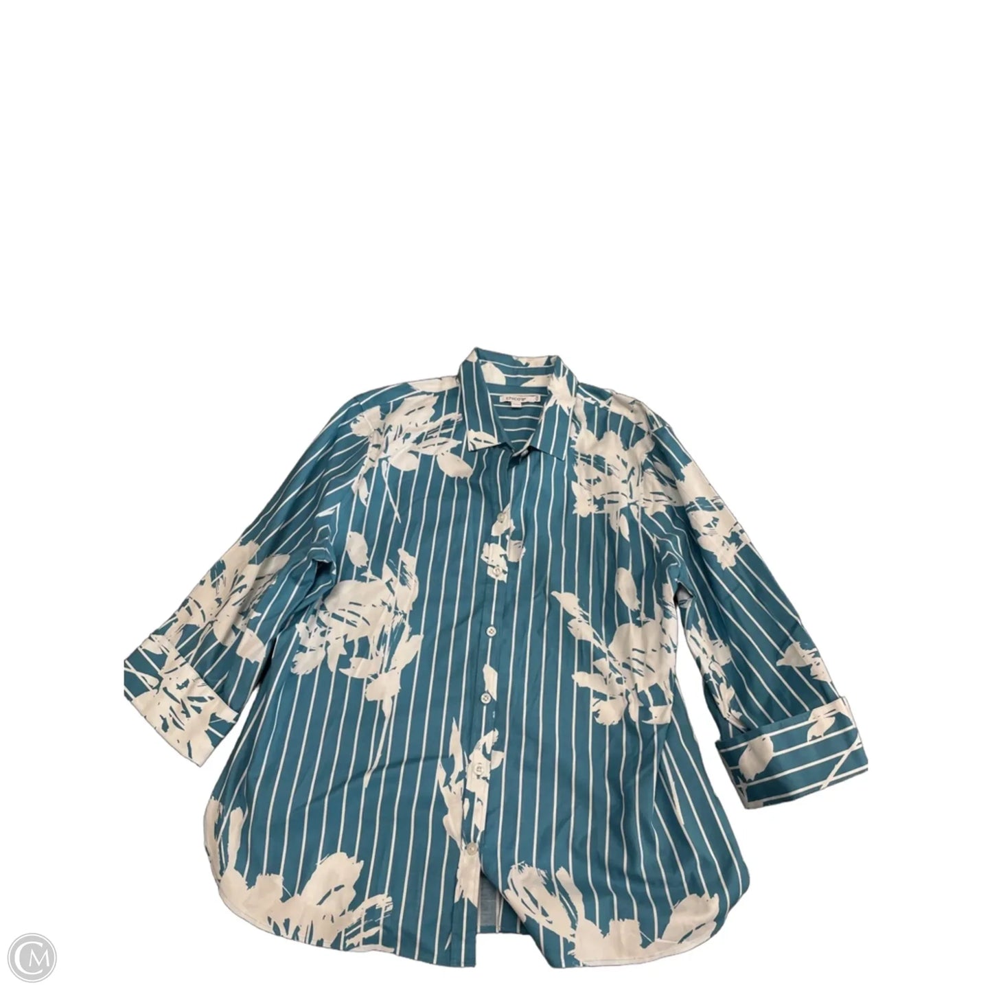 Top 3/4 Sleeve By Chicos In Blue & White, Size: 18