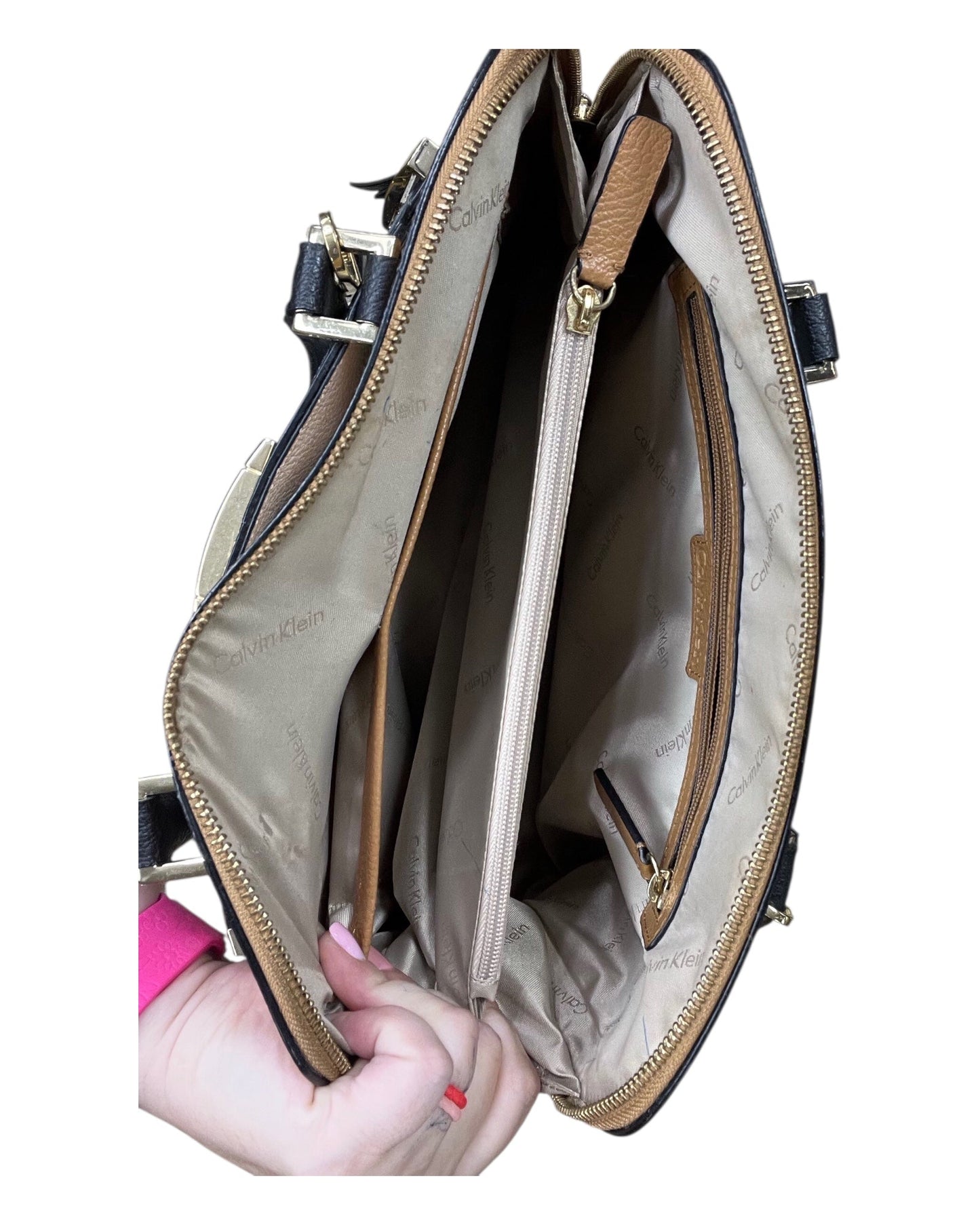 Handbag By Calvin Klein In Brown & Cream, Size:Large