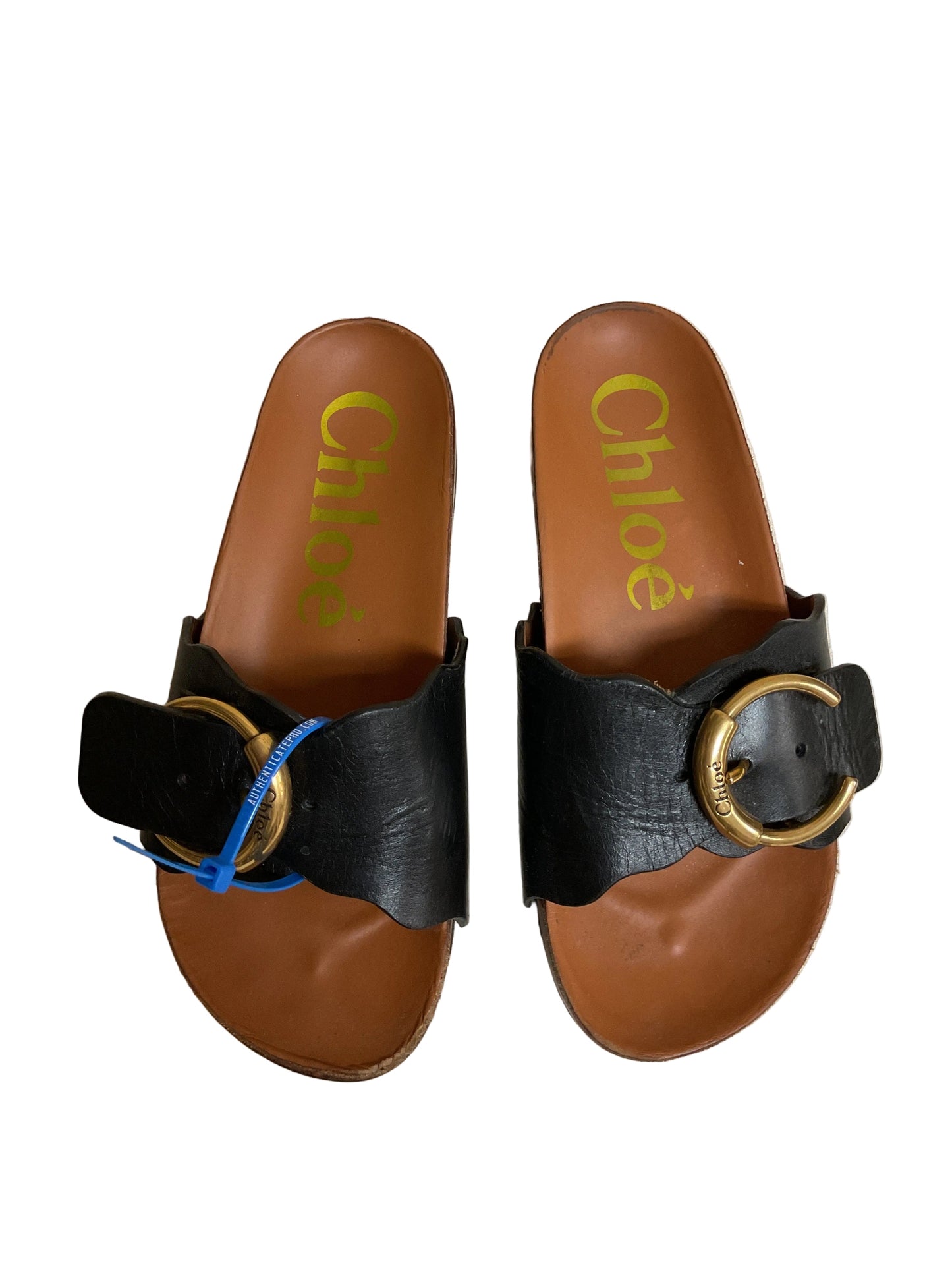 Sandals Luxury Designer By Chloe In Black & Gold, Size:5.5