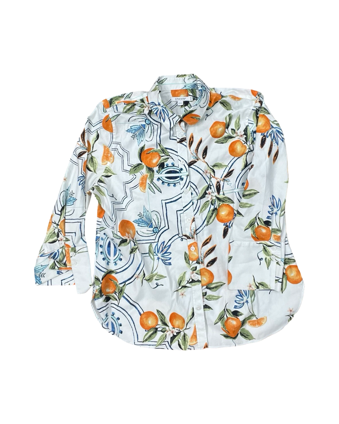 Blouse 3/4 Sleeve By Chicos In Orange & White, Size:M