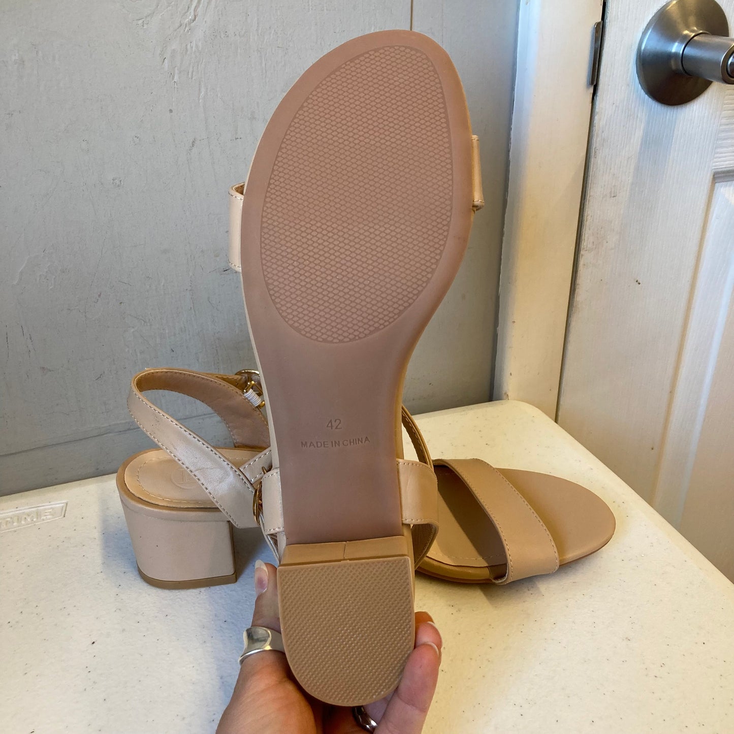 Sandals Heels Block In Beige, Size:11.5