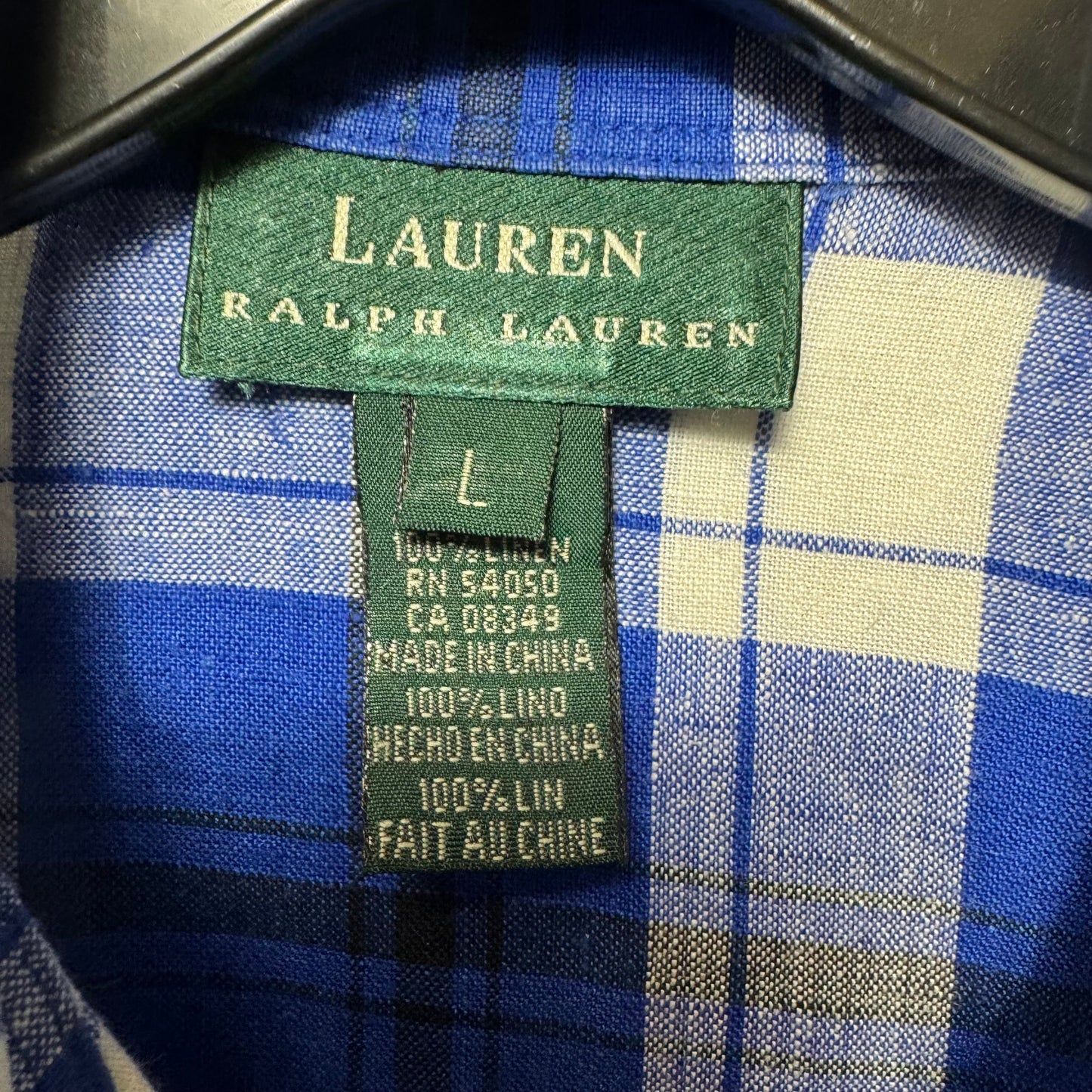 Linen Top Long Sleeve By Lauren By Ralph Lauren In Plaid Pattern, Size: L
