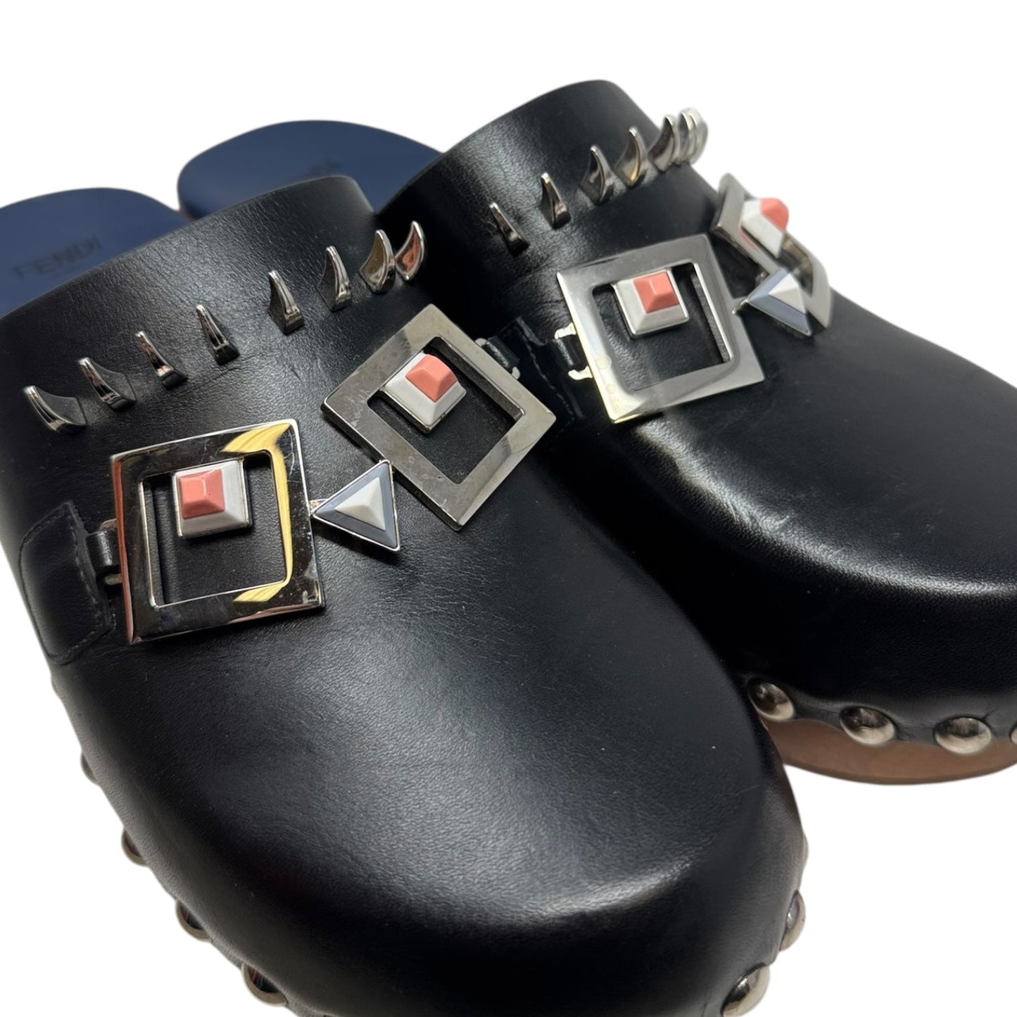 (Monster) Faces Spiked Leather Clogs Luxury Designer By Fendi In Black, Size: US 8 (IT 38)