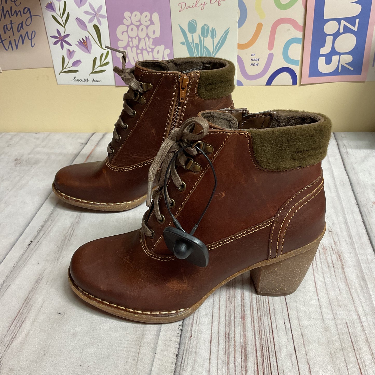 Boots Ankle Heels By Clarks In Brown, Size:7.5