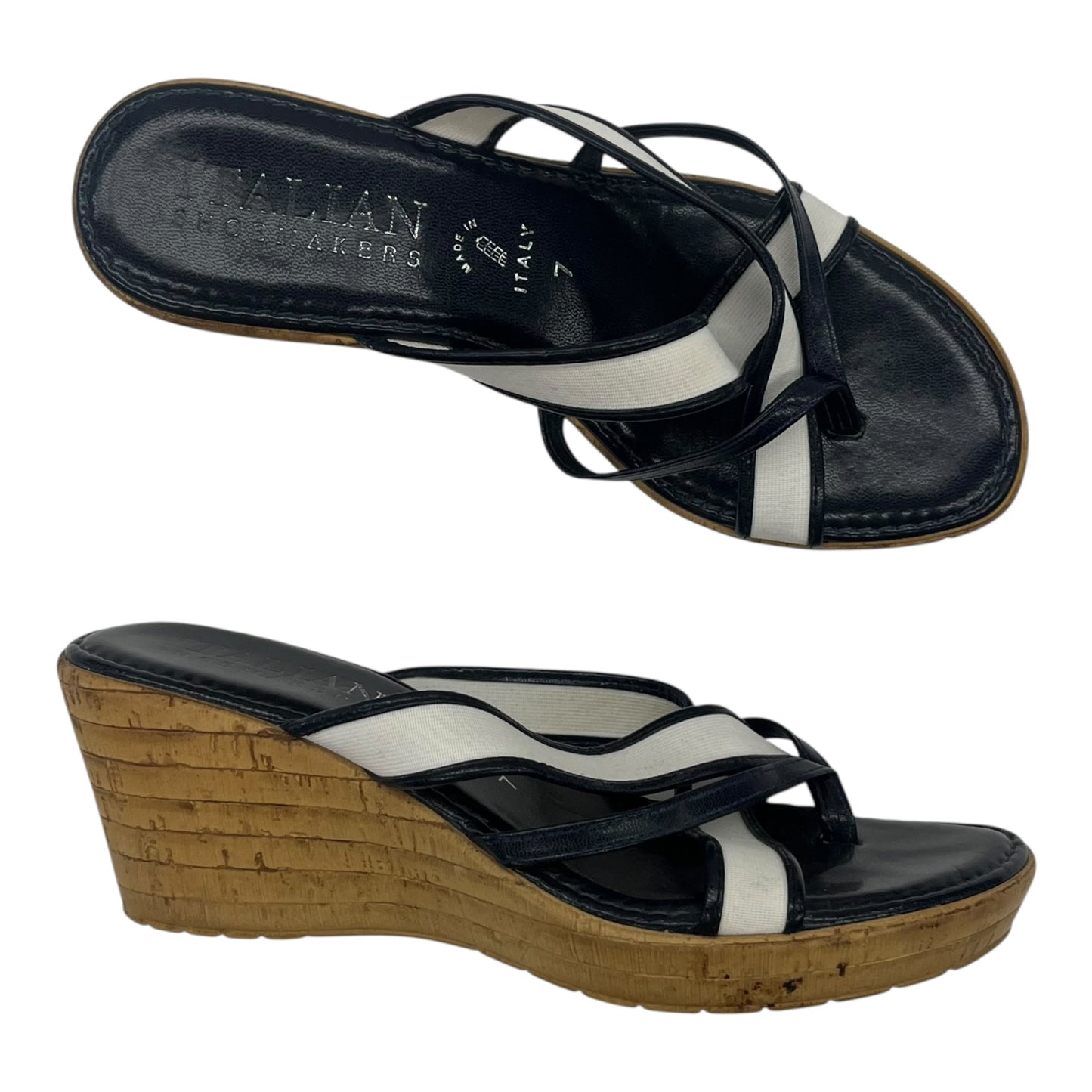 Sandals Heels Wedge By Italian Shoemakers In Navy, Size:7