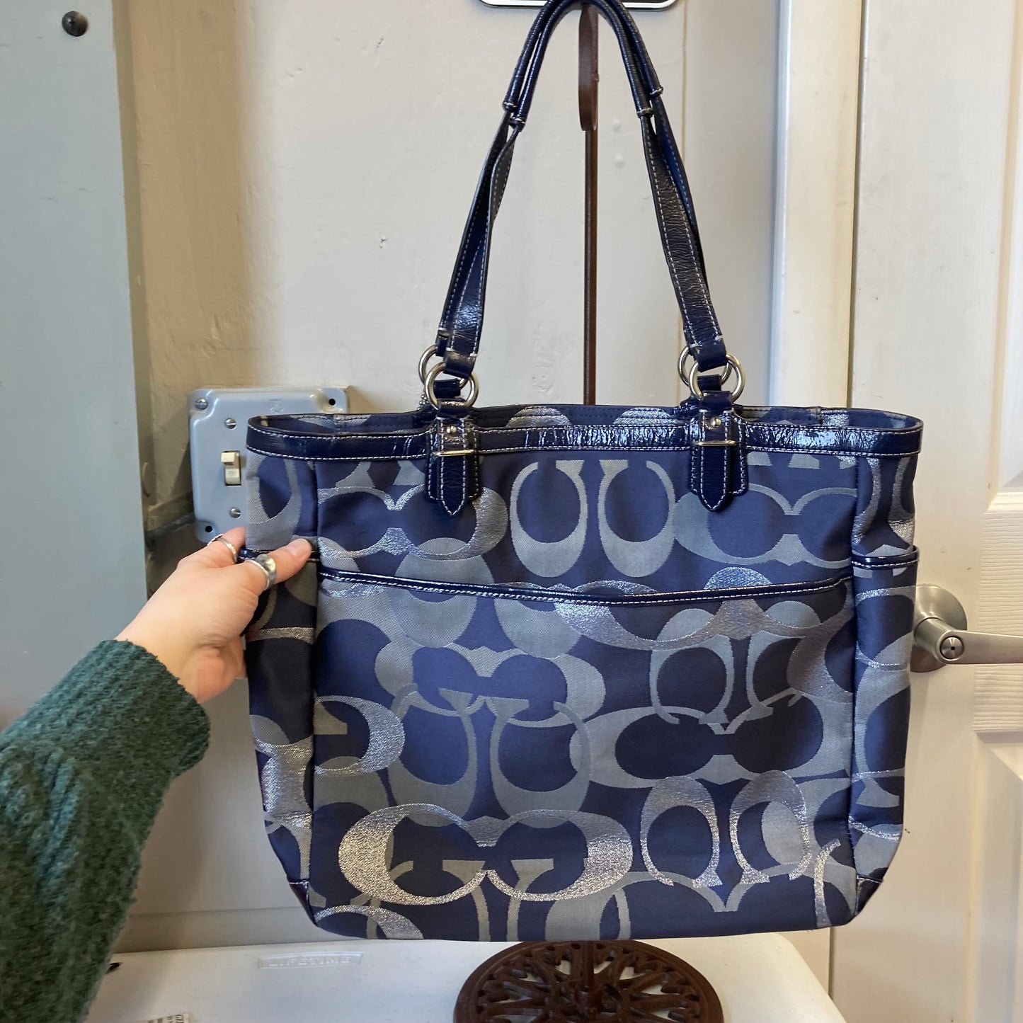 Tote Designer By Coach In Blue & Silver, Size:Large