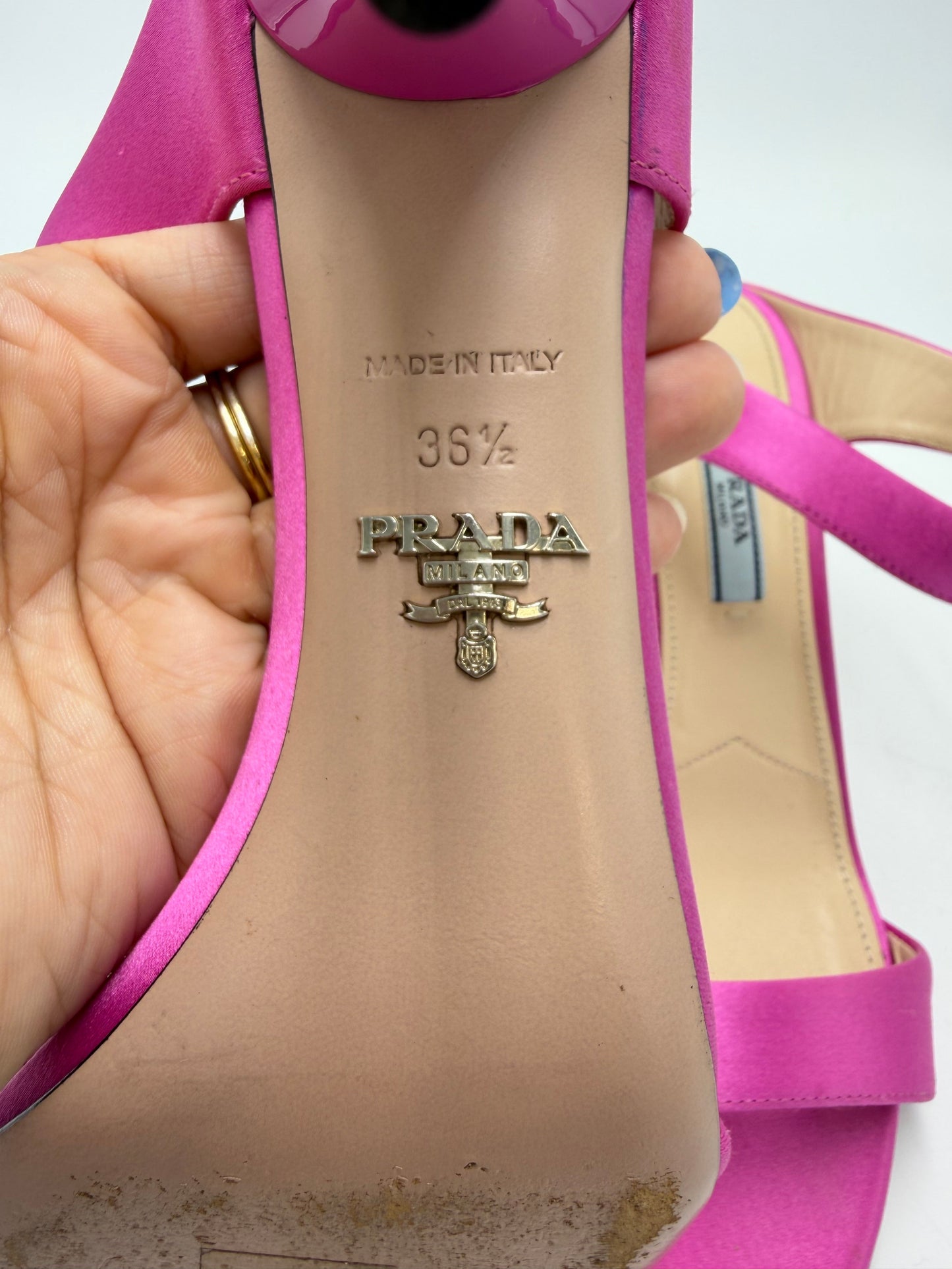 Prada Satin Asymmetric High Heel Luxury Shoes, Size: 6.5