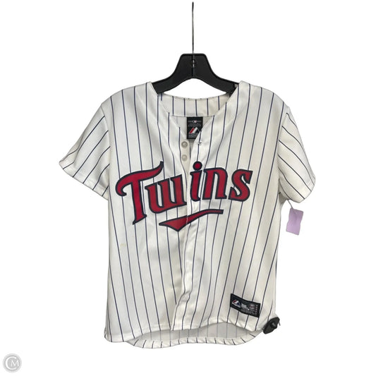 Athletic Top Short Sleeve By Majestic In Blue & Red & White, Size: M