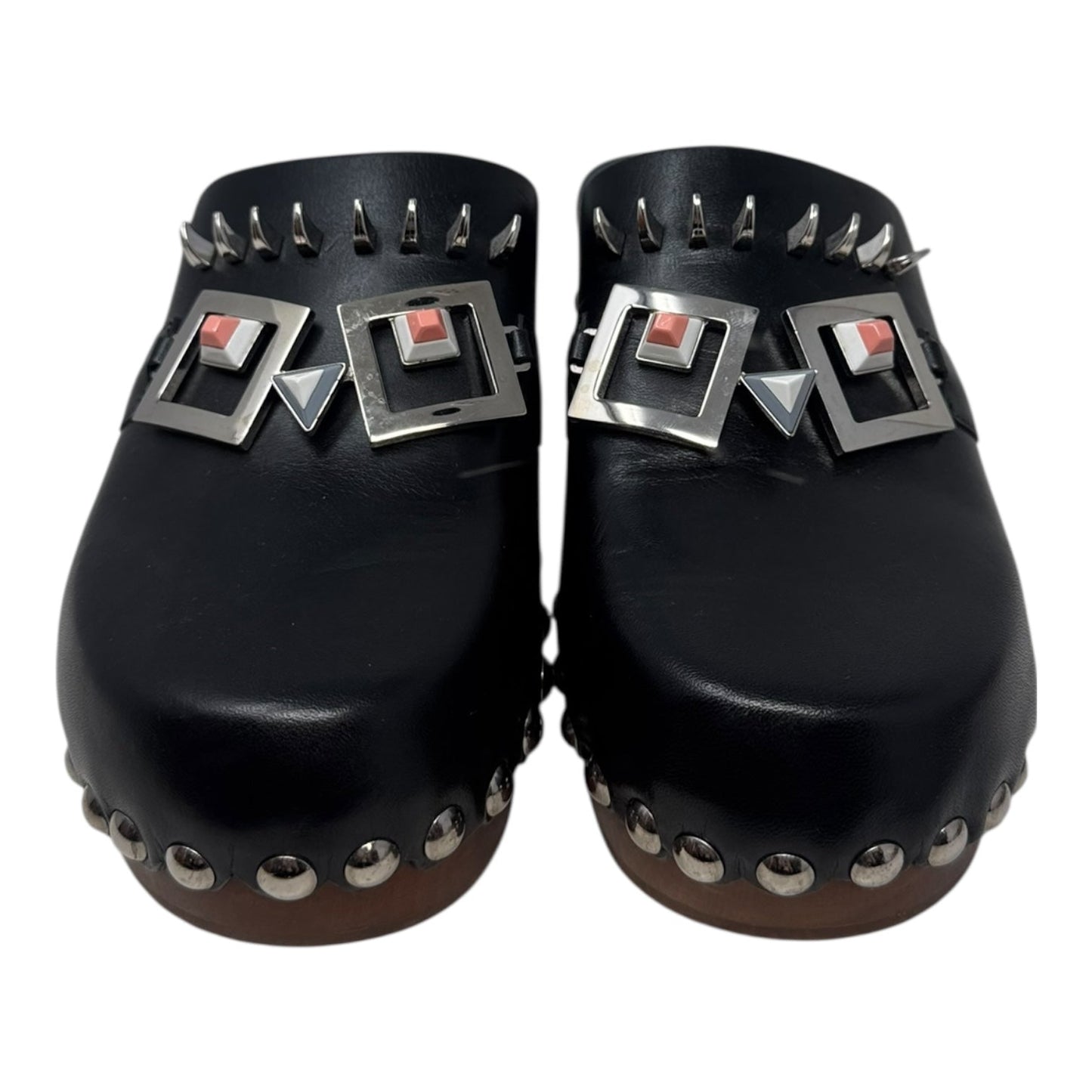 (Monster) Faces Spiked Leather Clogs Luxury Designer By Fendi In Black, Size: US 8 (IT 38)