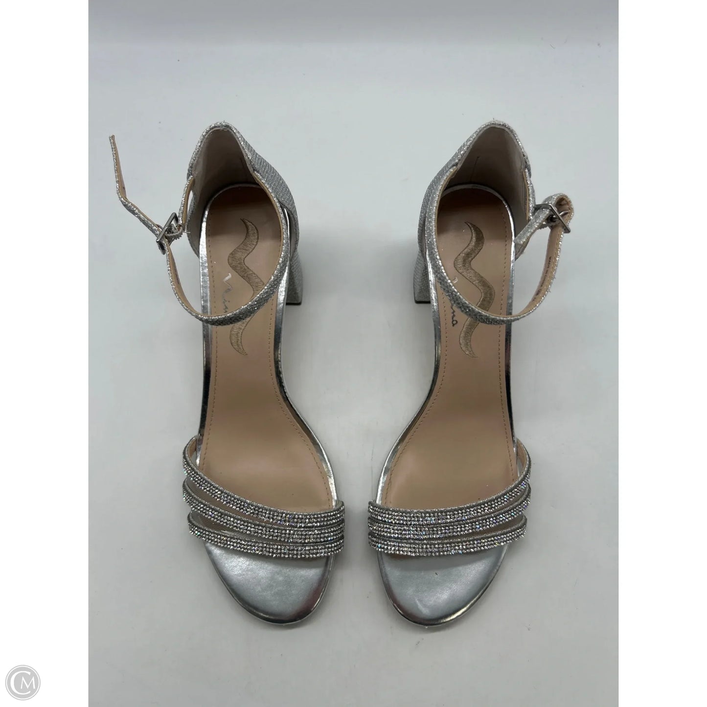 Sandals Heels Block By Clothes Mentor In Silver, Size: 9.5