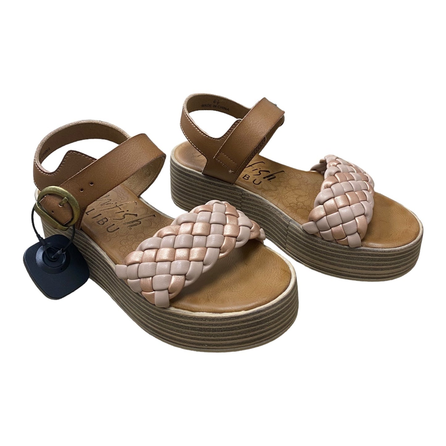Pink & Tan Sandals Heels Platform Blowfish, Size 6.5