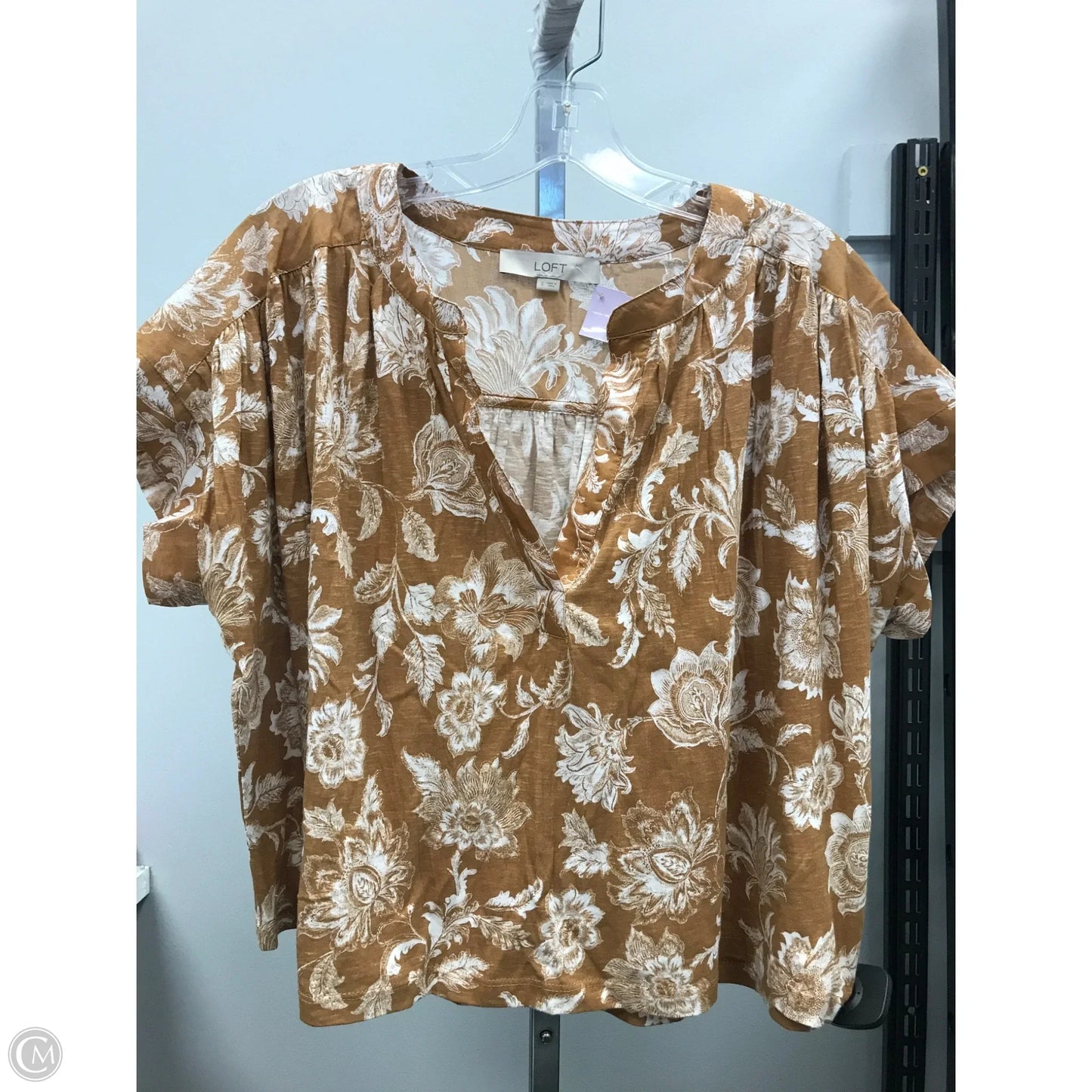 Top Short Sleeve By Loft In Tan & White, Size: S