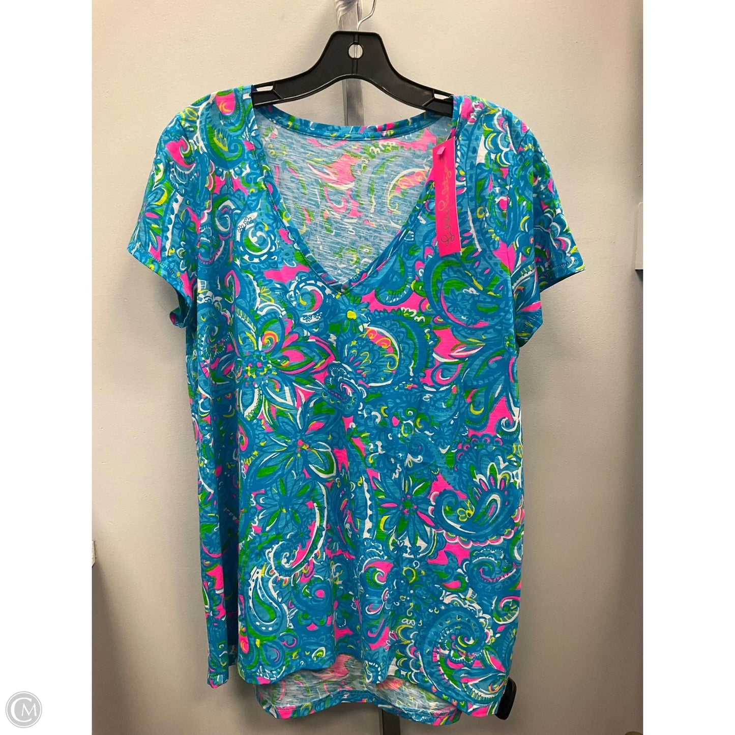 Top Short Sleeve Designer By Lilly Pulitzer In Blue & Pink, Size: L
