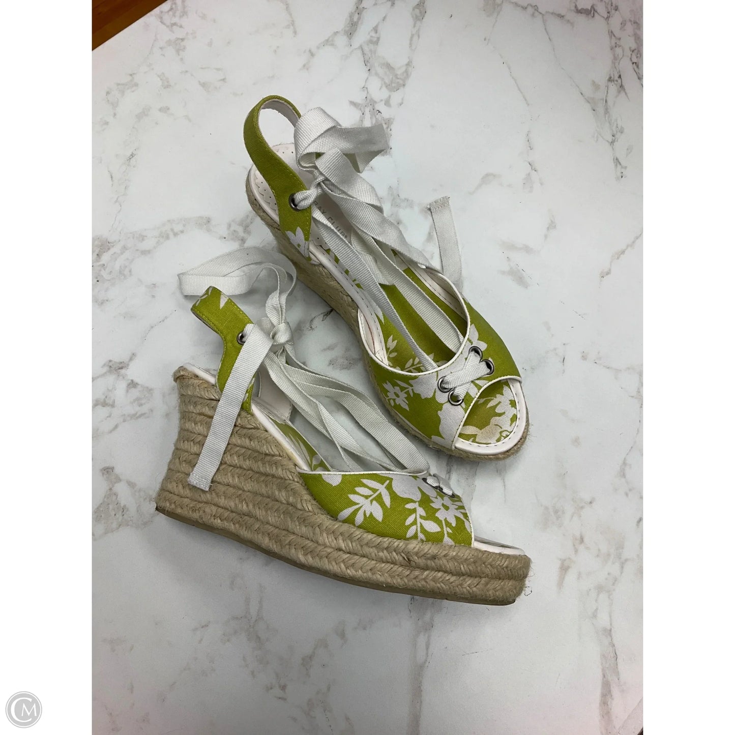 Sandals Heels Wedge By Montego Bay In Green & White, Size: 7