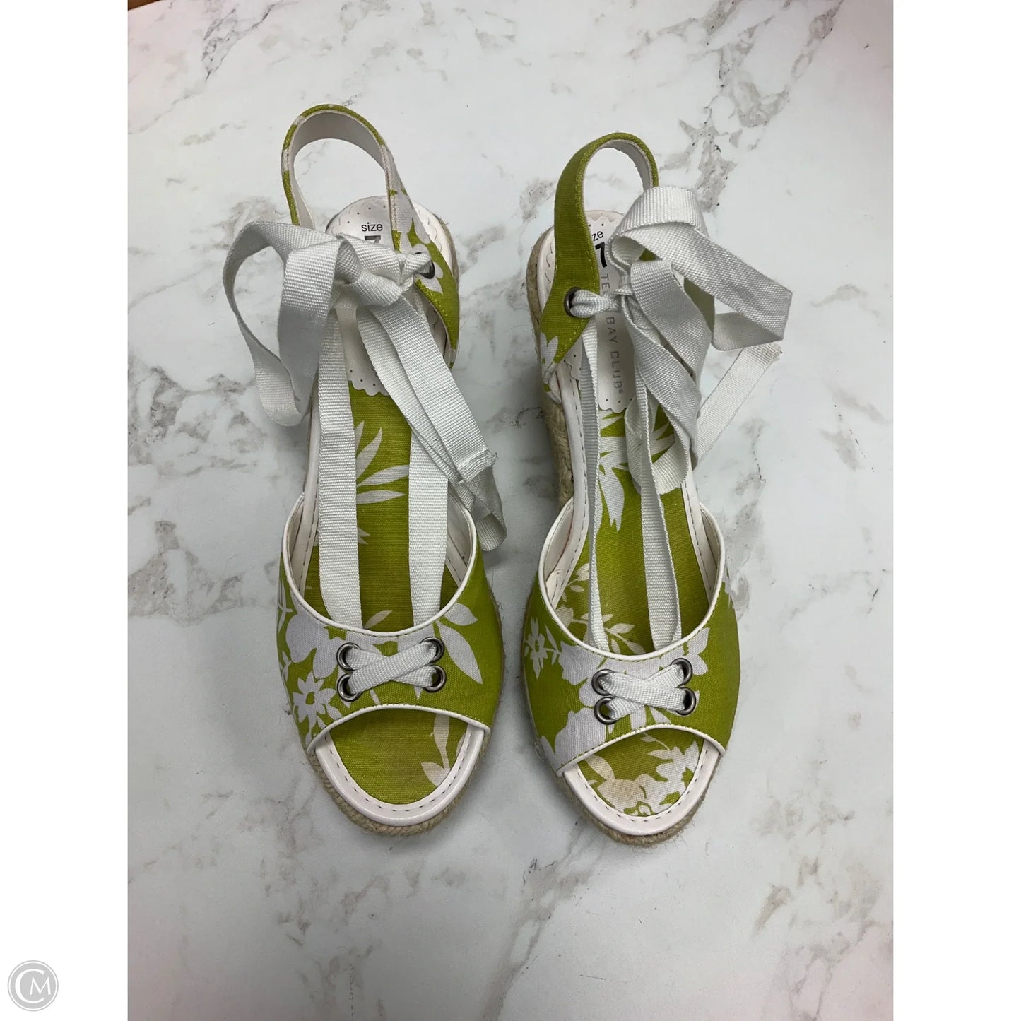 Sandals Heels Wedge By Montego Bay In Green & White, Size: 7