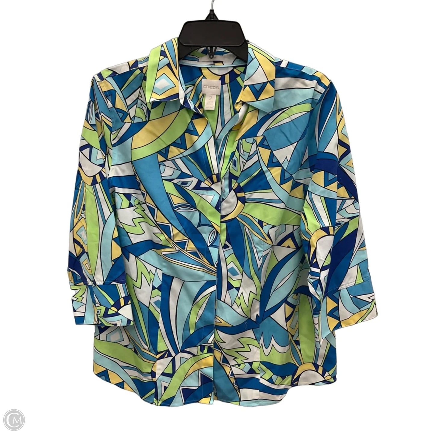 Blouse 3/4 Sleeve By Chicos In Blue & Yellow, Size: L