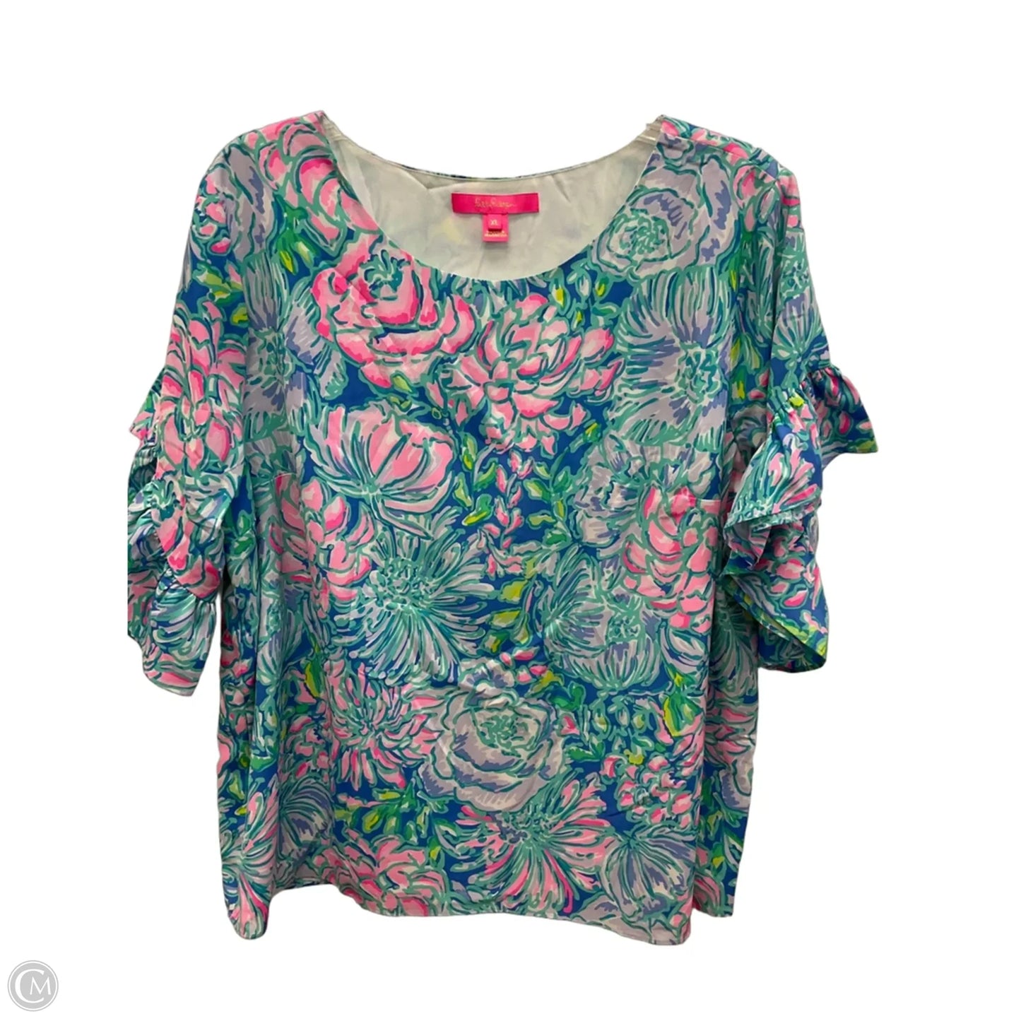 Top Short Sleeve Designer By Lilly Pulitzer In Blue & Pink, Size: Xl
