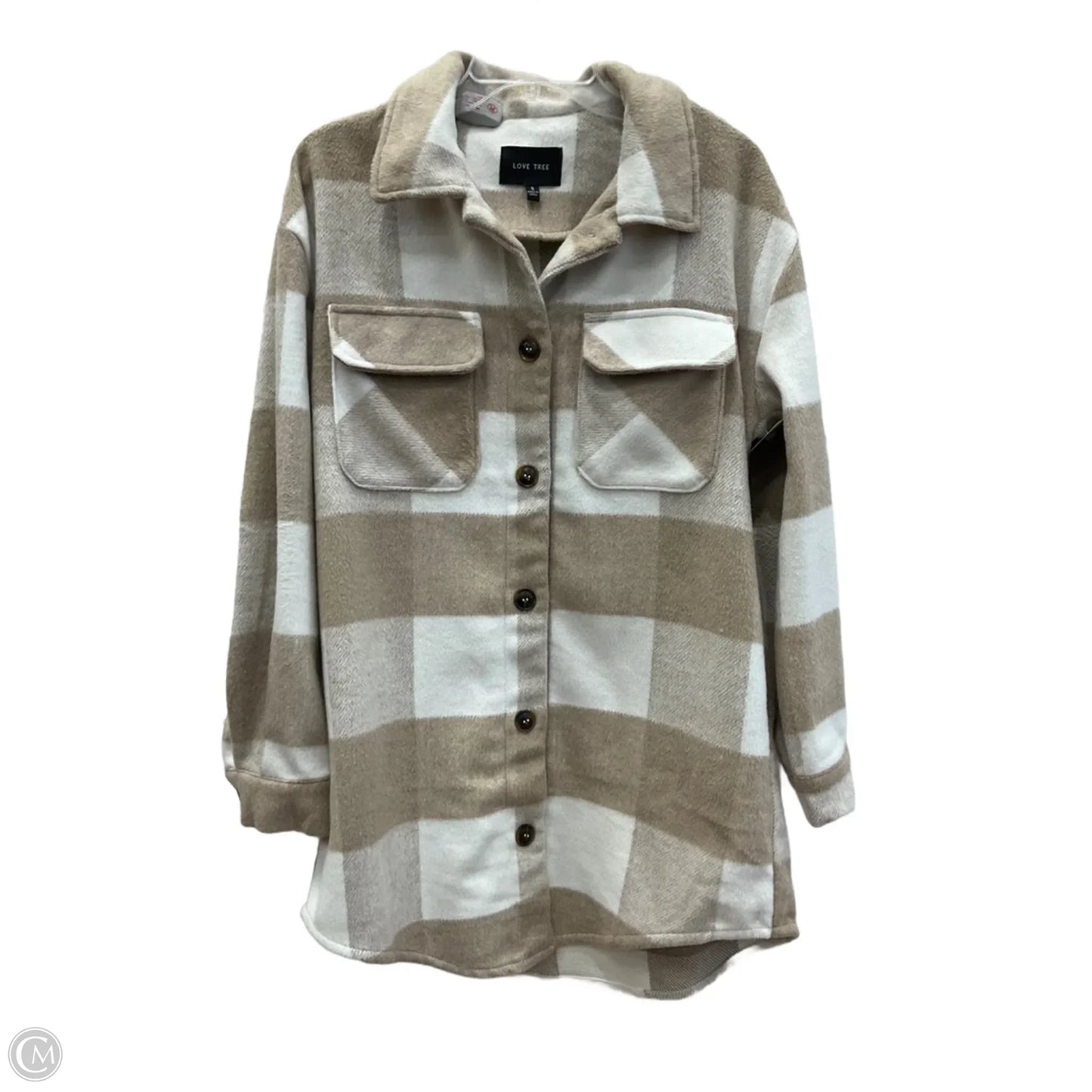 Jacket Shirt By Love Tree In Tan & White, Size: S