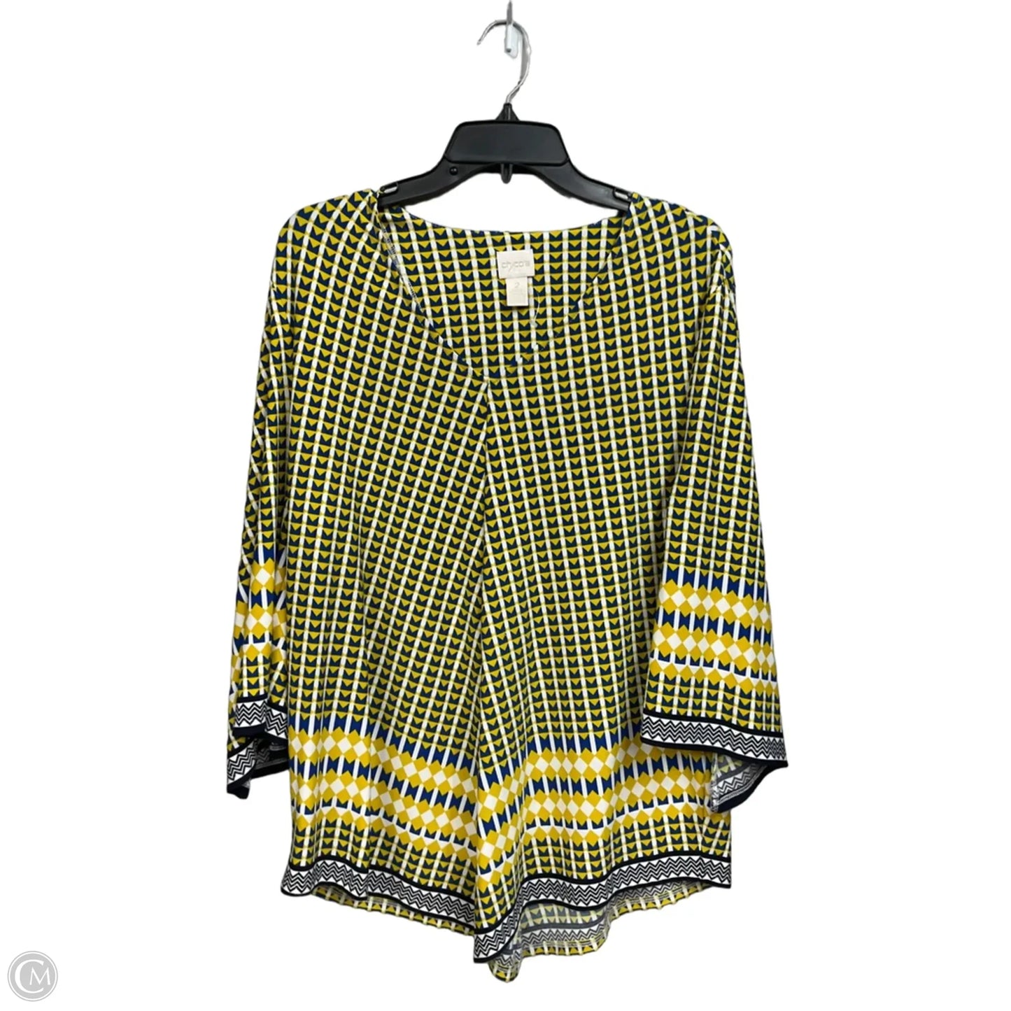 Top 3/4 Sleeve By Chicos In Blue & Yellow, Size: L