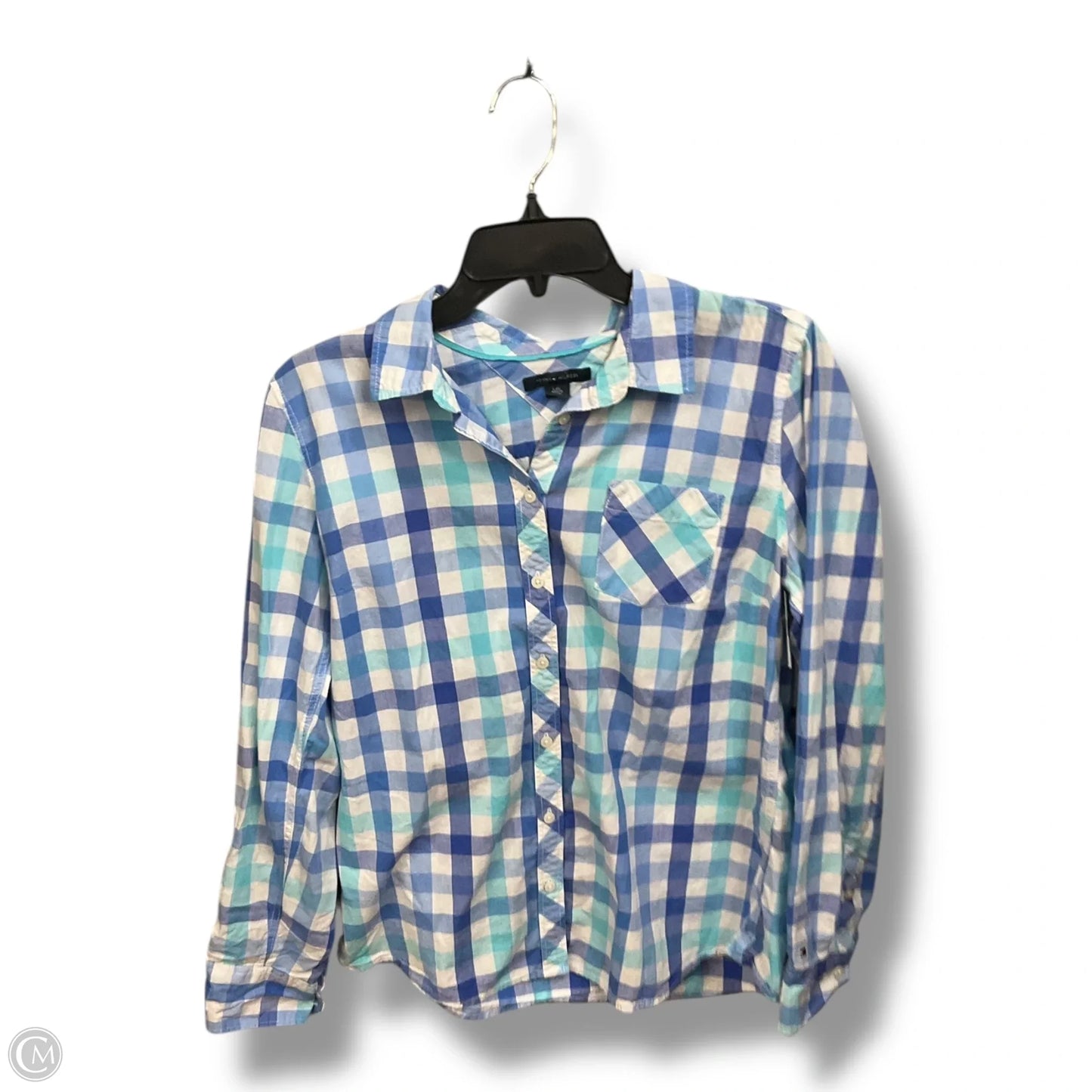 Blouse Long Sleeve By Tommy Hilfiger In Plaid Pattern, Size: L