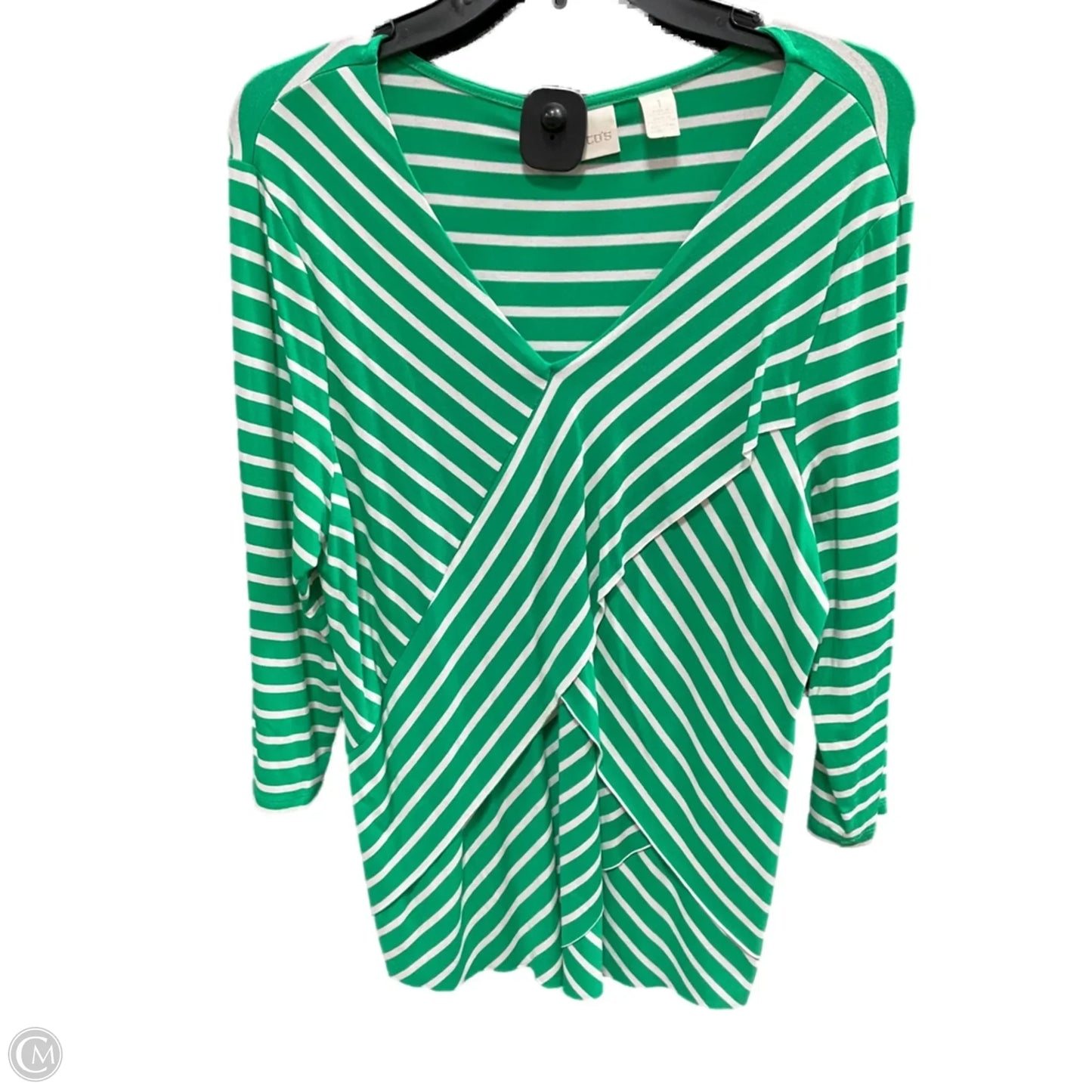 Top Long Sleeve By Chicos In Green & White, Size: M