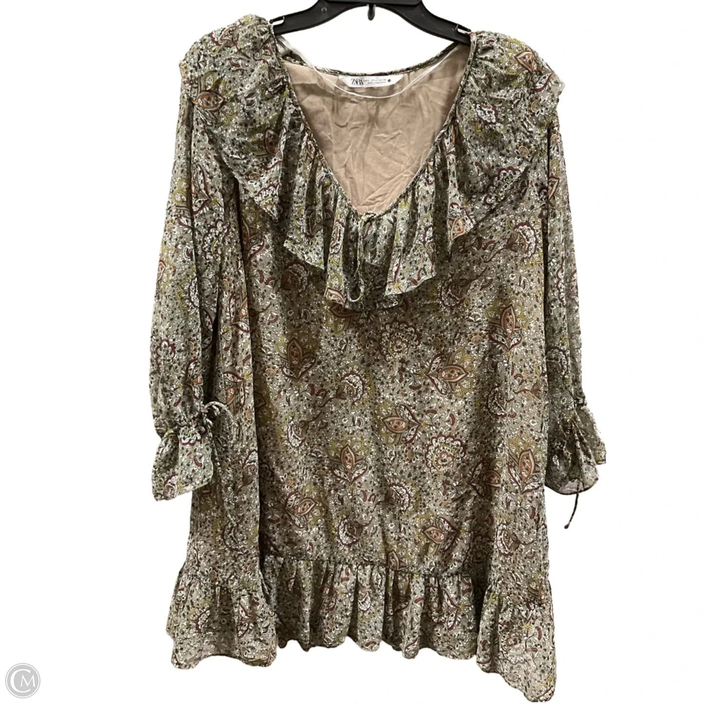 Tunic Long Sleeve By Zara In Green & Yellow, Size: L