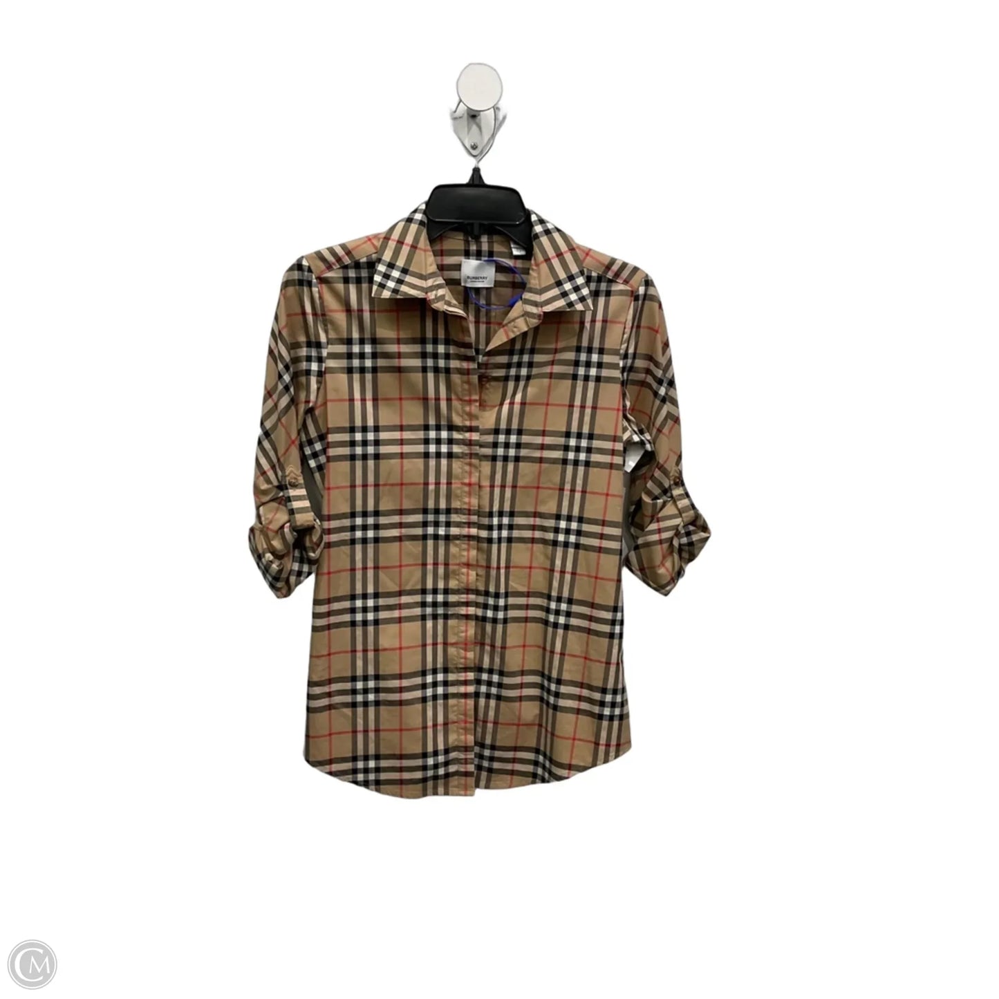Blouse Luxury Designer By Burberry In Plaid Pattern, Size: S