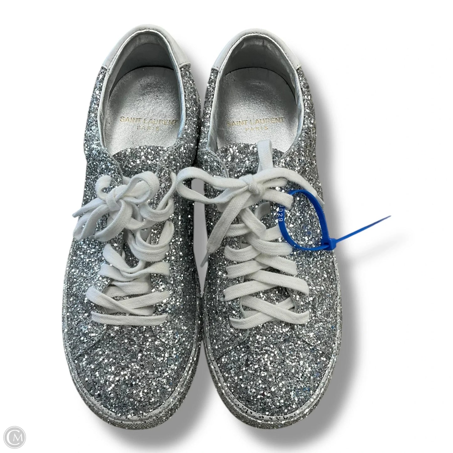 Shoes Luxury Designer By Yves Saint Laurent In Silver, Size: 5.5