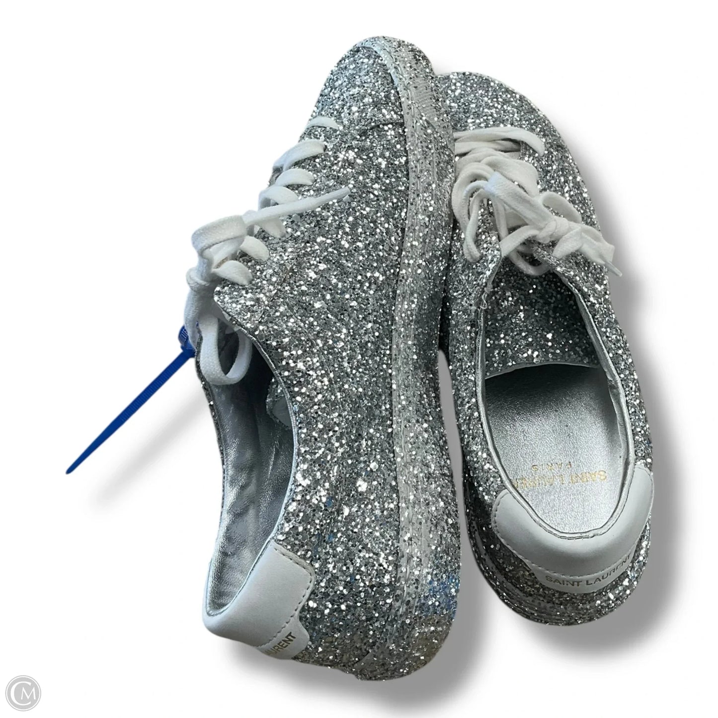 Shoes Luxury Designer By Yves Saint Laurent In Silver, Size: 5.5